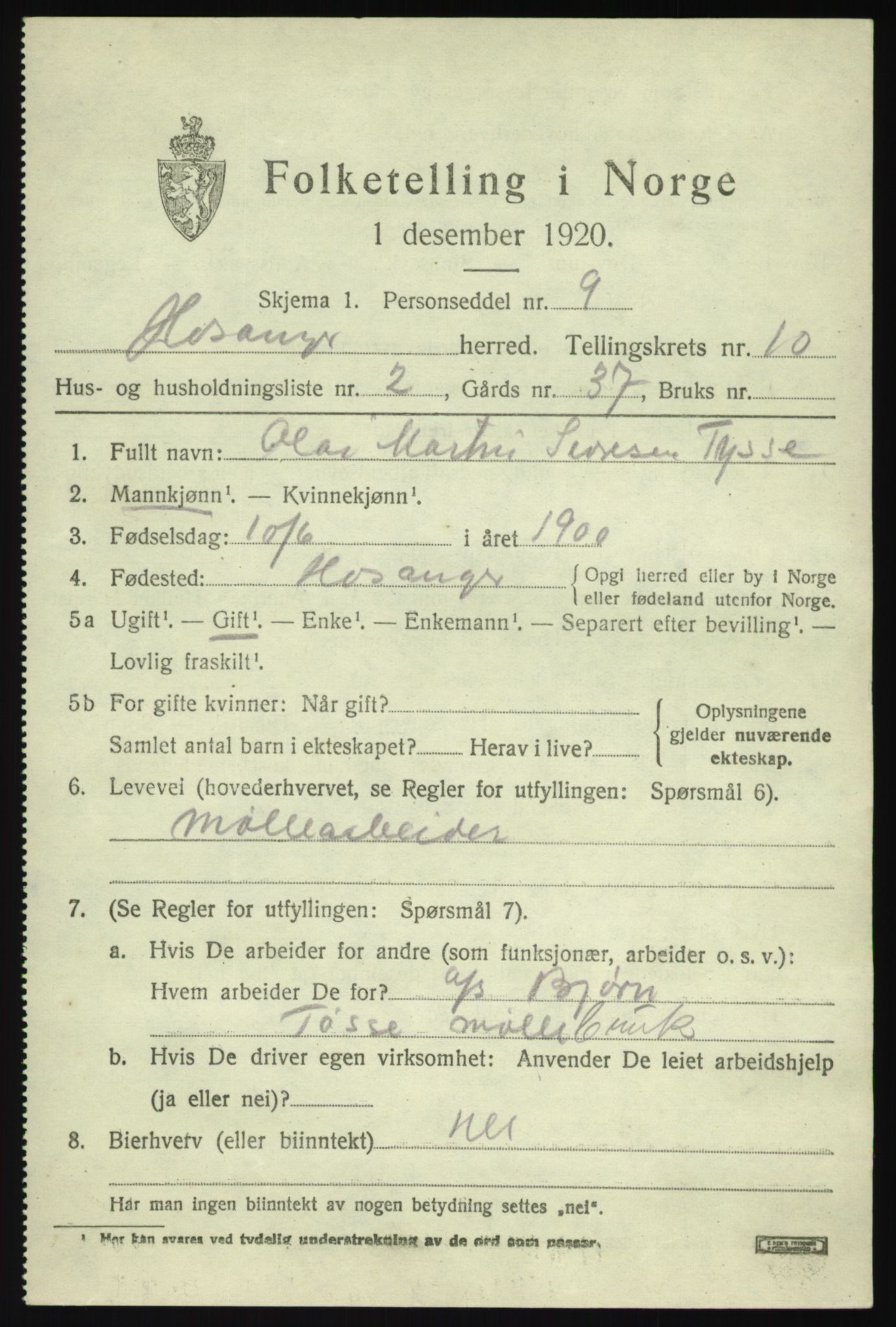SAB, 1920 census for Hosanger, 1920, p. 4227