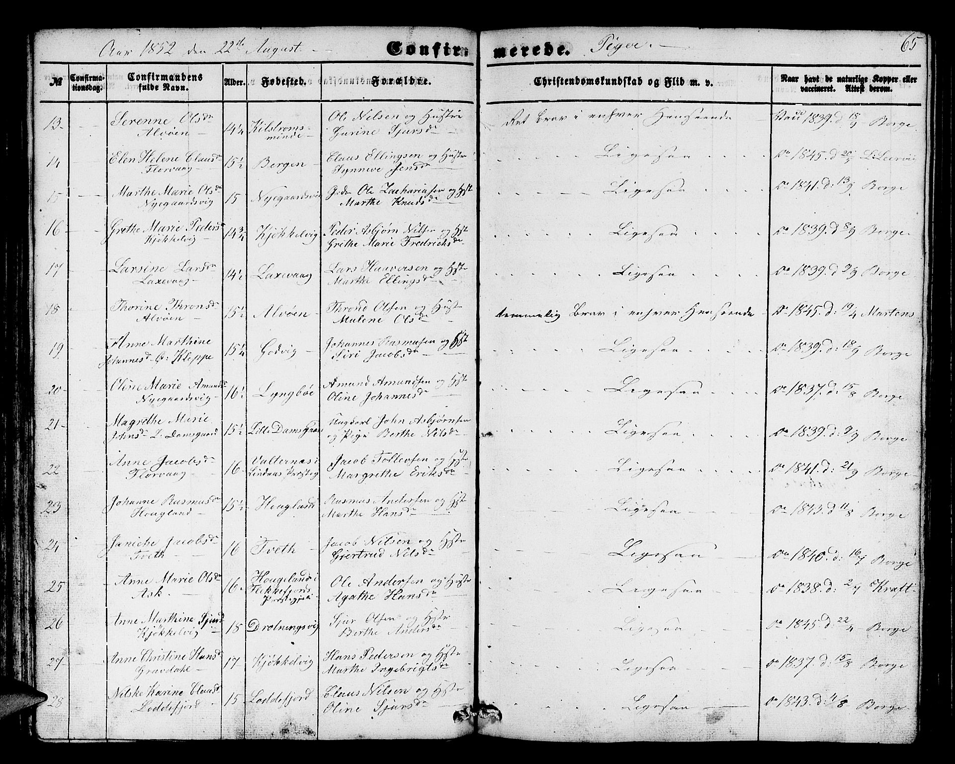 Askøy Sokneprestembete, AV/SAB-A-74101/H/Ha/Hab/Haba/L0004: Parish register (copy) no. A 4, 1852-1864, p. 65