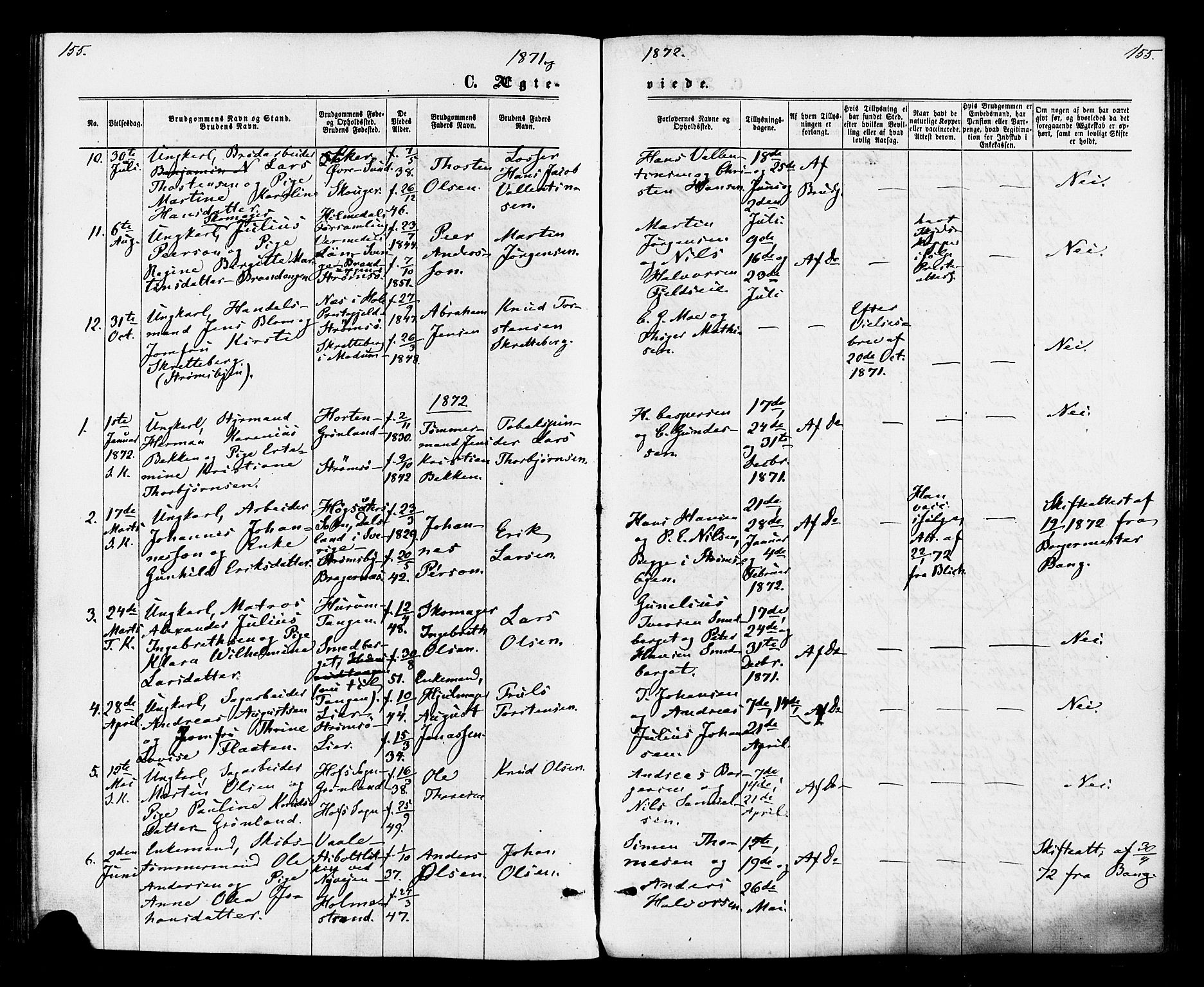 Strømsø kirkebøker, AV/SAKO-A-246/F/Fa/L0020: Parish register (official) no. I 20, 1870-1878, p. 155