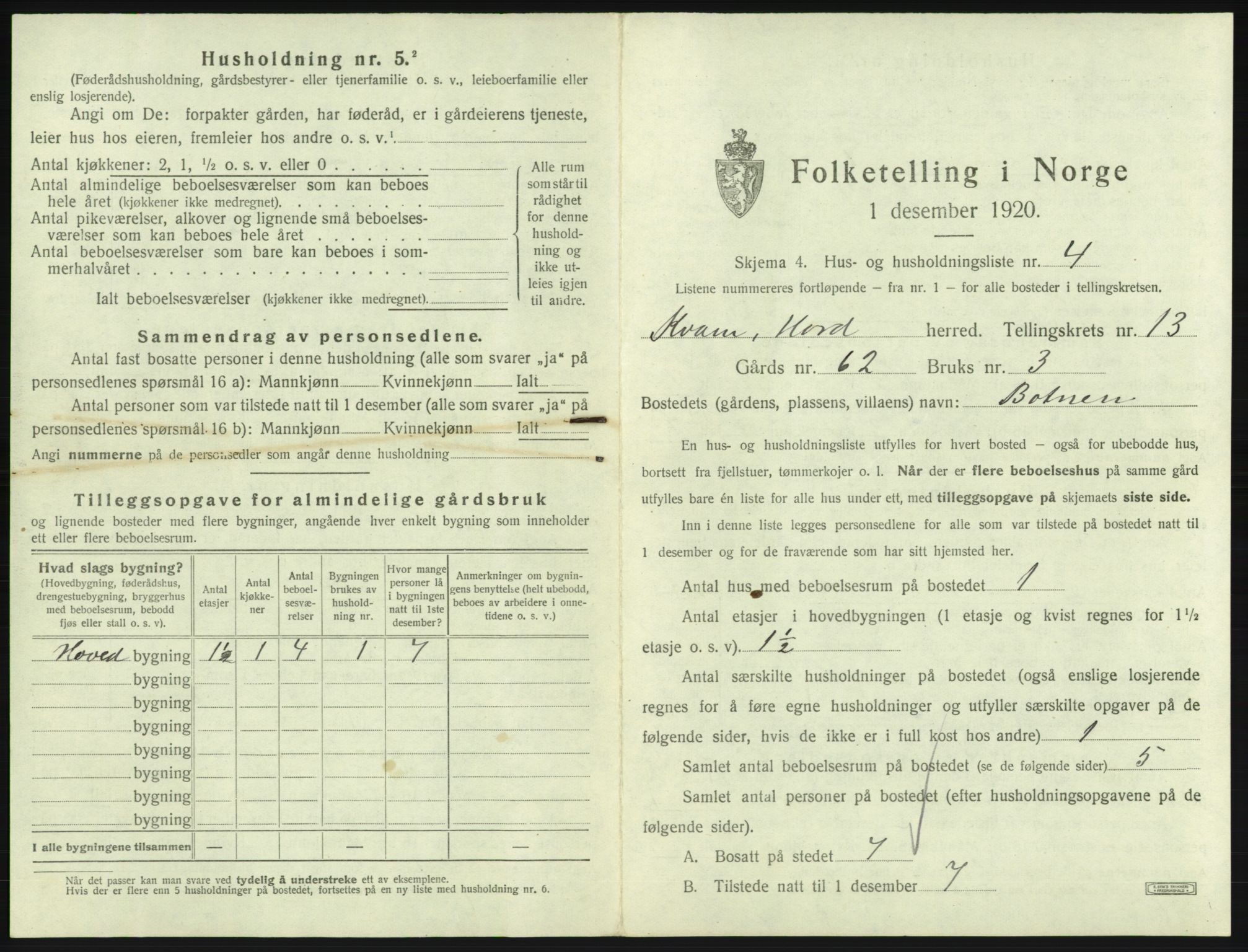 SAB, 1920 census for Kvam, 1920, p. 1126