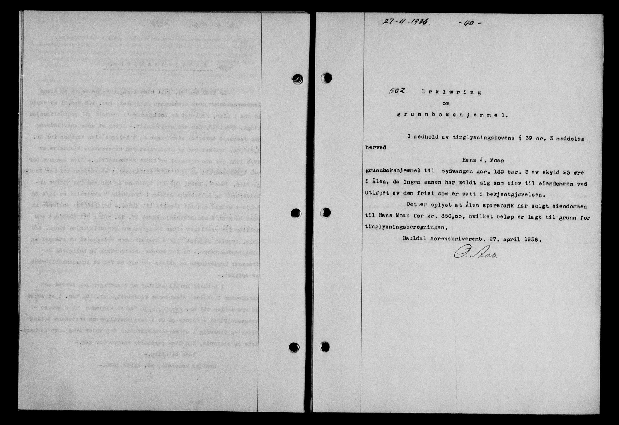 Gauldal sorenskriveri, SAT/A-0014/1/2/2C/L0045: Mortgage book no. 47-49, 1935-1936, Deed date: 27.04.1936