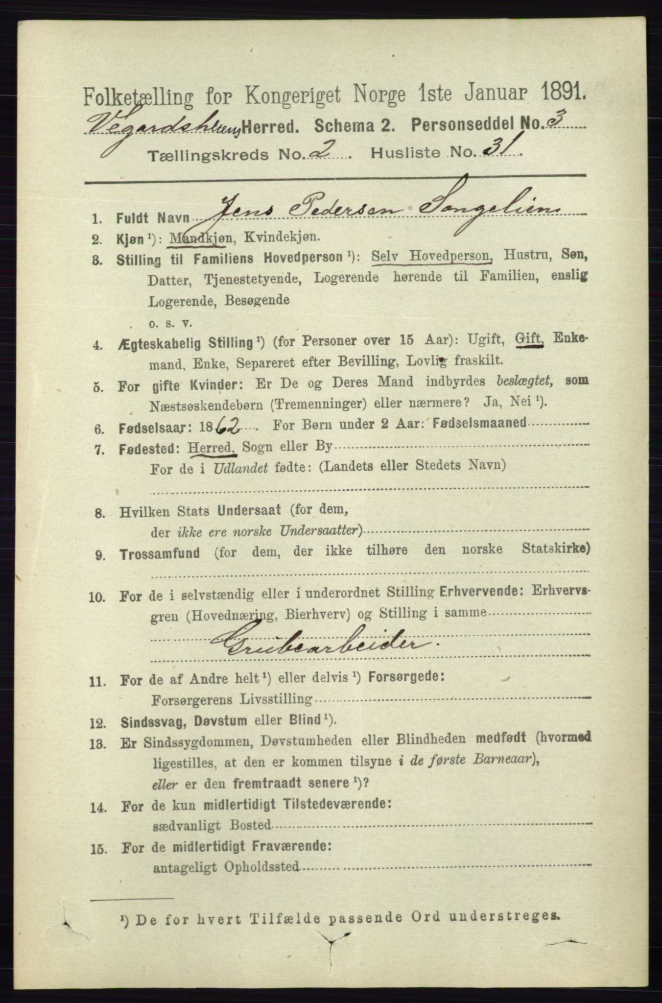 RA, 1891 census for 0912 Vegårshei, 1891, p. 597