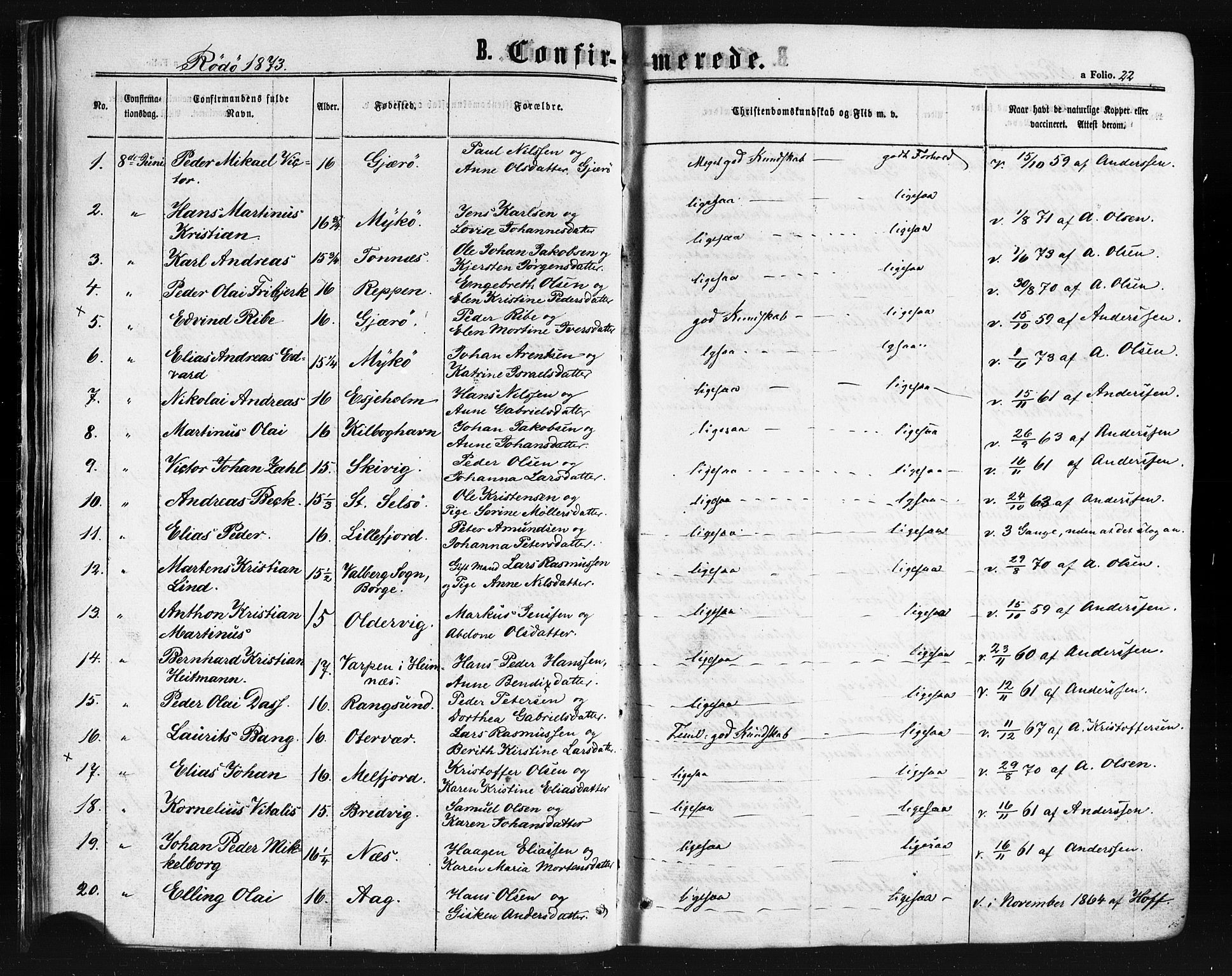 Ministerialprotokoller, klokkerbøker og fødselsregistre - Nordland, SAT/A-1459/841/L0607: Parish register (official) no. 841A11 /1, 1863-1877, p. 22