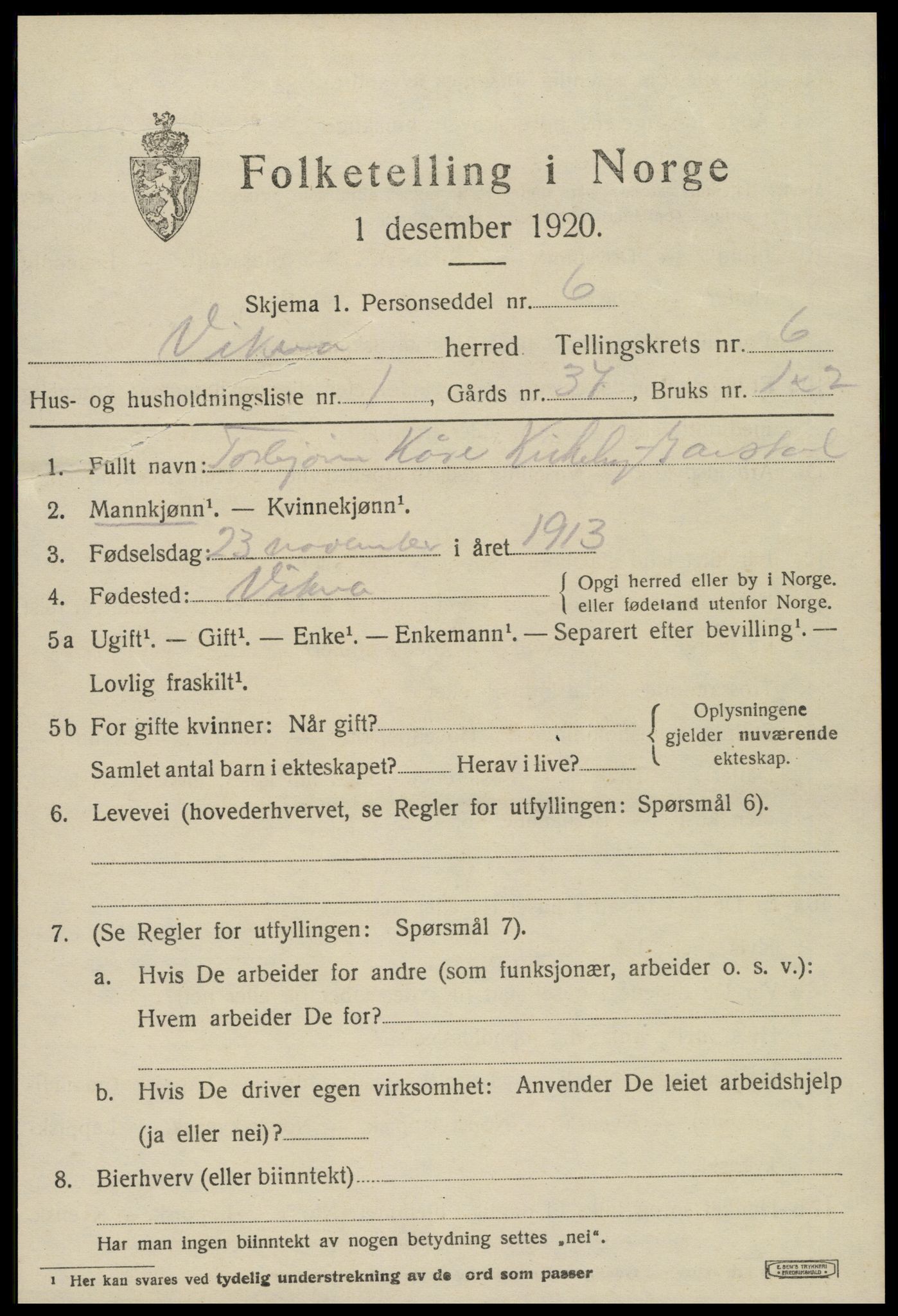 SAT, 1920 census for Vikna, 1920, p. 5007