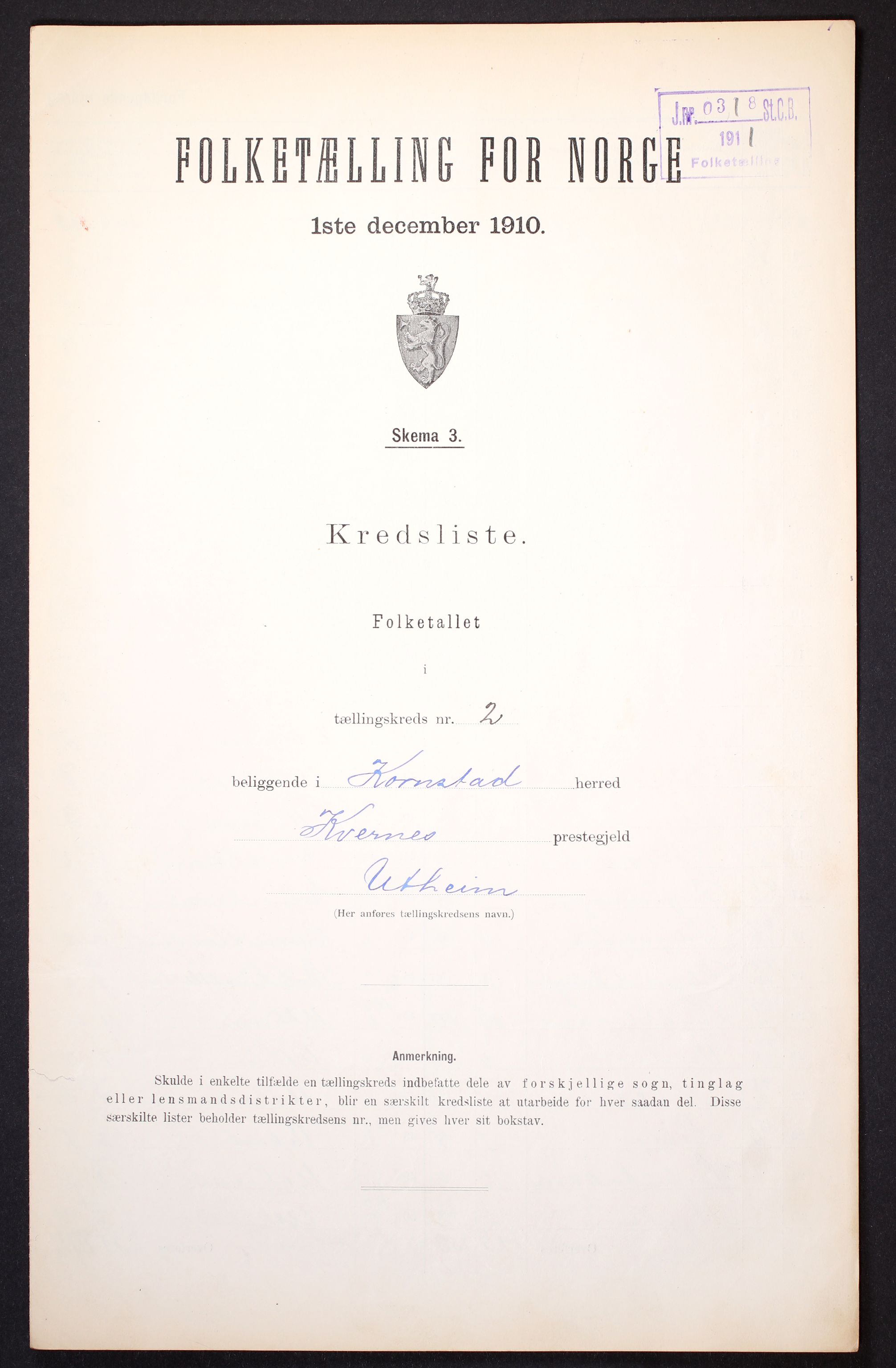 RA, 1910 census for Kornstad, 1910, p. 7