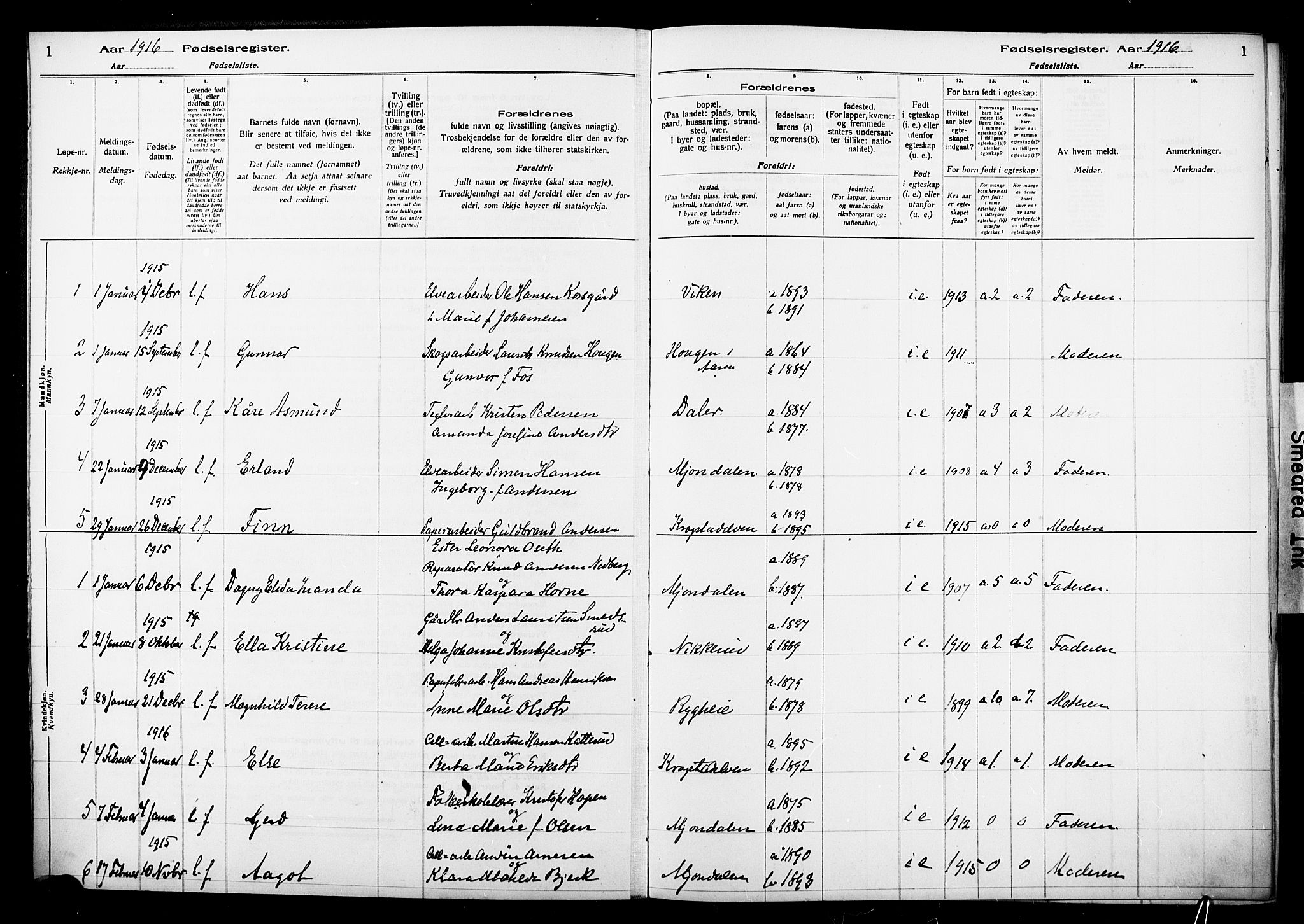 Nedre Eiker kirkebøker, SAKO/A-612/J/Ja/L0001: Birth register no. 1, 1916-1925, p. 1