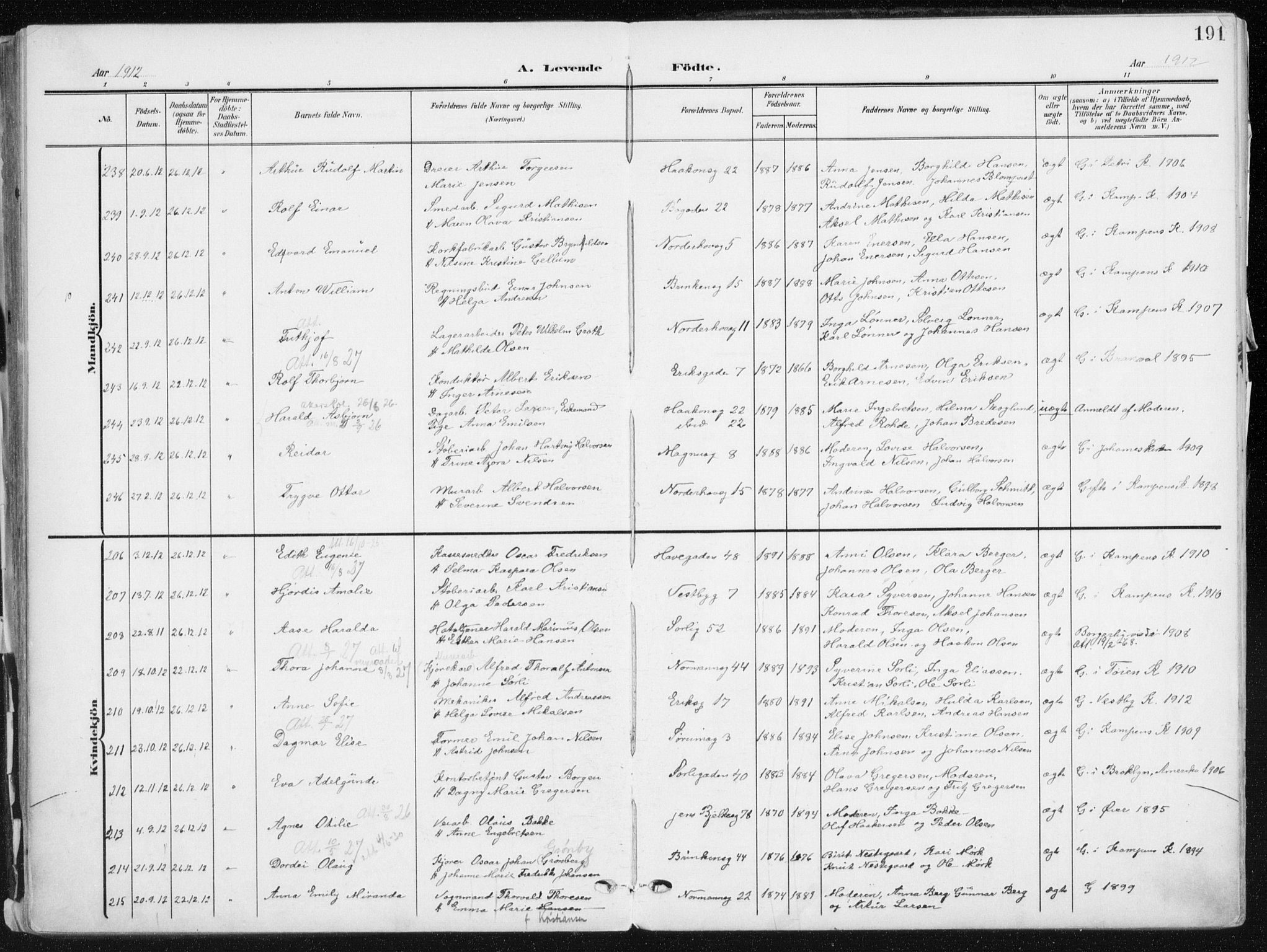 Kampen prestekontor Kirkebøker, SAO/A-10853/F/Fa/L0010: Parish register (official) no. I 10, 1905-1917, p. 191