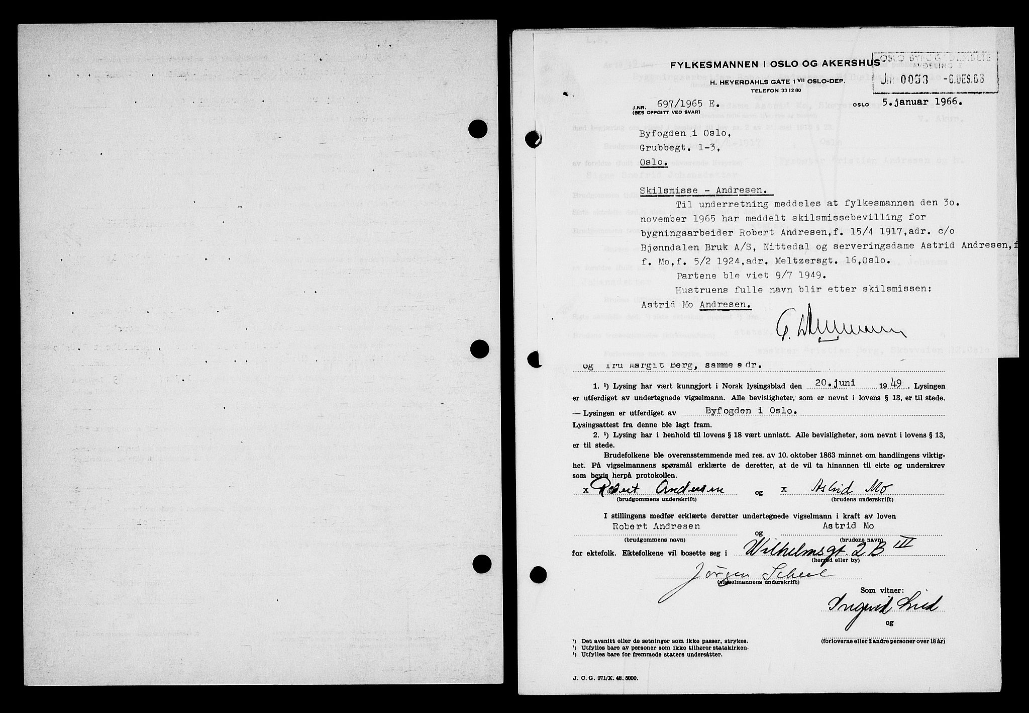 Oslo byfogd avd. I, SAO/A-10220/L/Lb/Lbb/L0066: Notarialprotokoll, rekke II: Vigsler, 1949