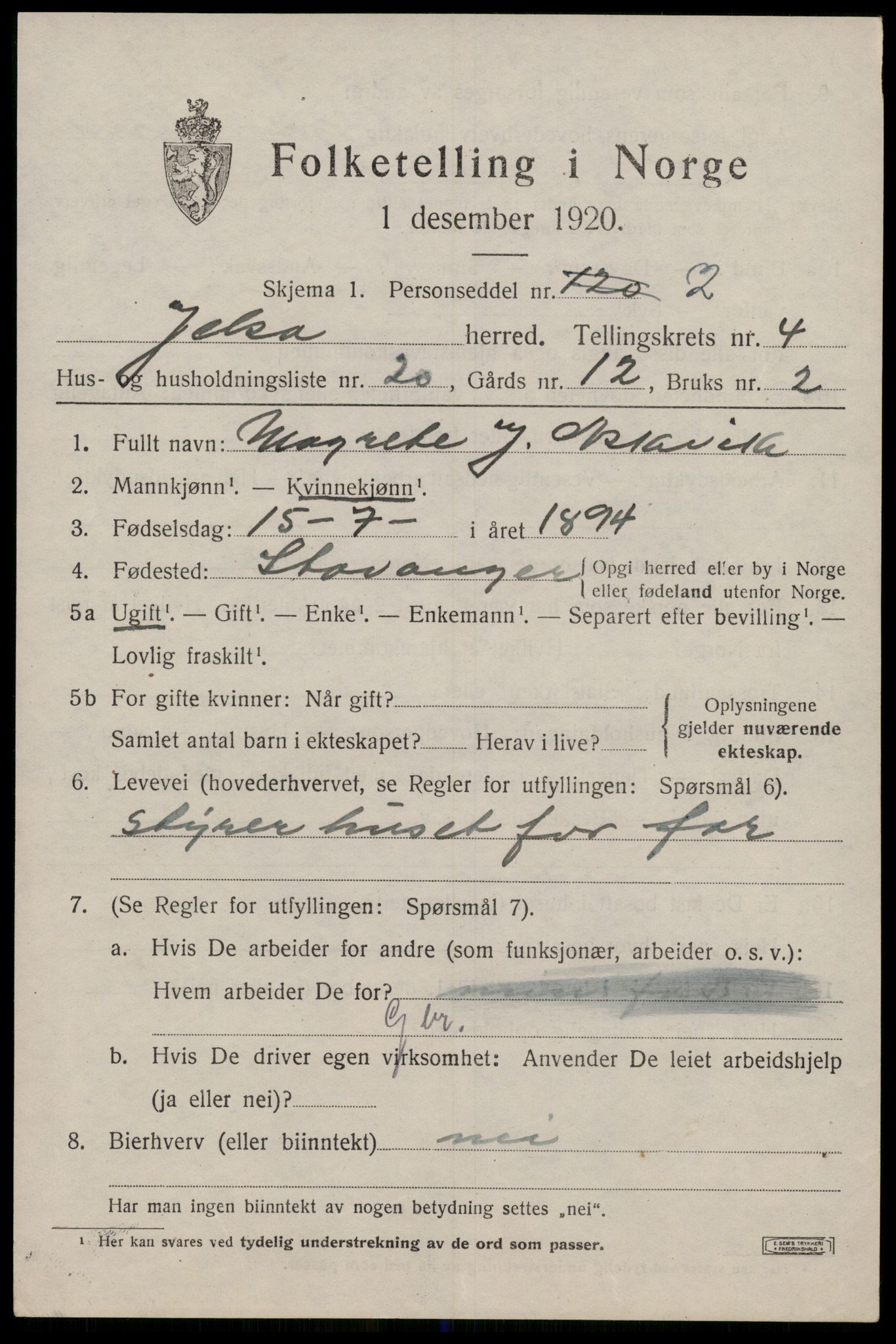 SAST, 1920 census for Jelsa, 1920, p. 1416