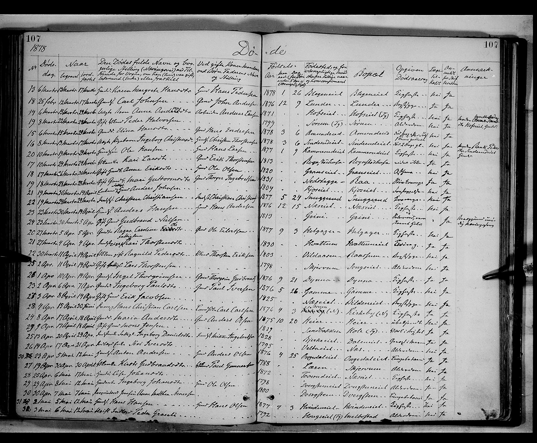 Gran prestekontor, SAH/PREST-112/H/Ha/Haa/L0013: Parish register (official) no. 13, 1875-1879, p. 107