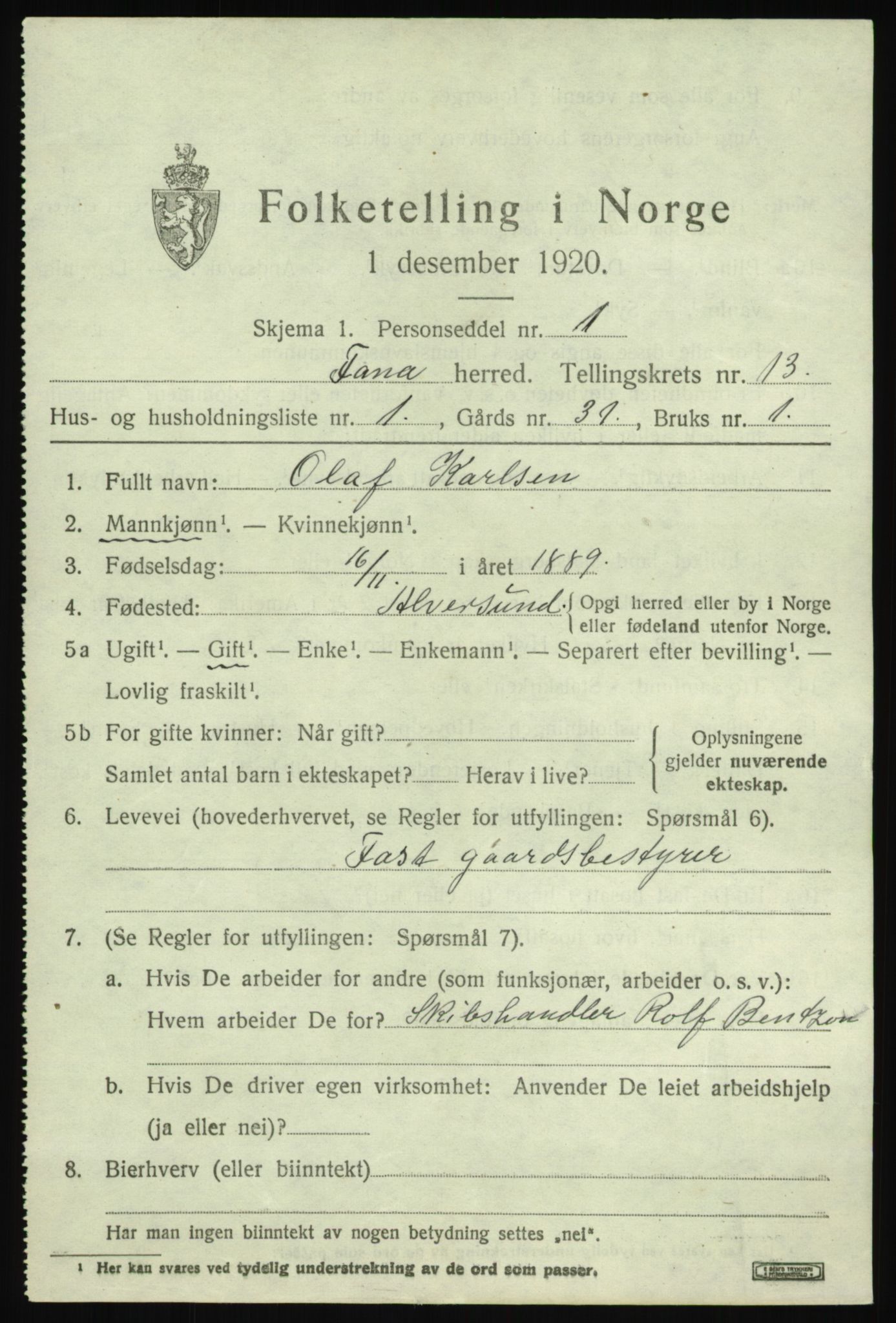 SAB, 1920 census for Fana, 1920, p. 19719