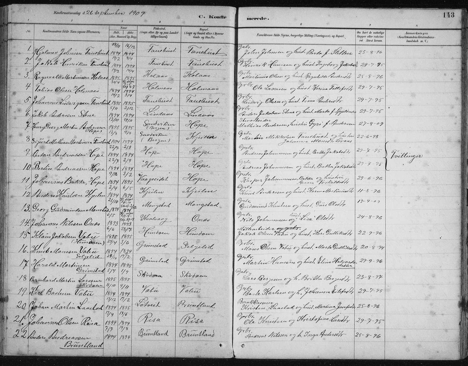 Lindås Sokneprestembete, SAB/A-76701/H/Hab: Parish register (copy) no. B 3, 1886-1914, p. 143