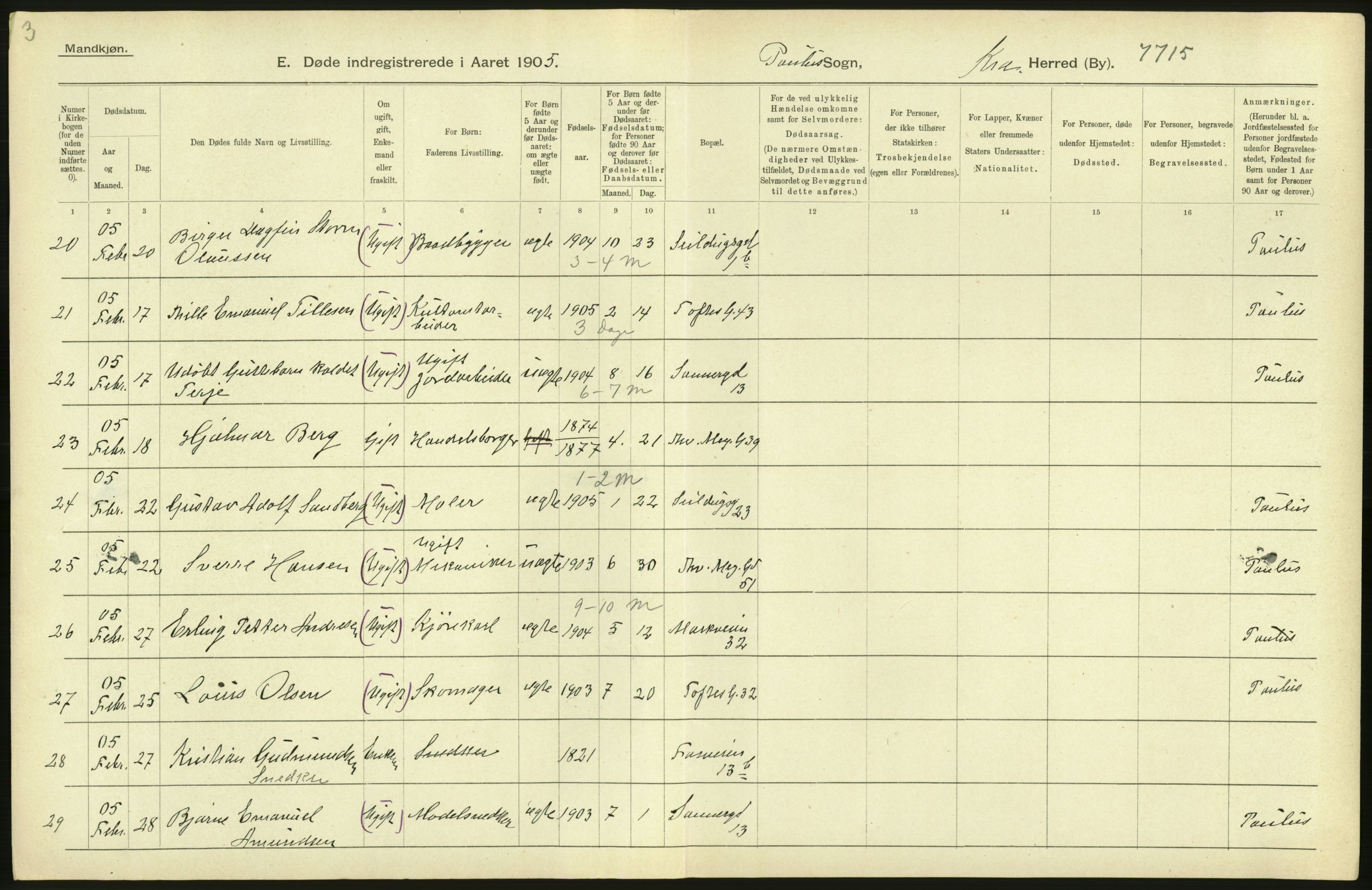 Statistisk sentralbyrå, Sosiodemografiske emner, Befolkning, RA/S-2228/D/Df/Dfa/Dfac/L0007a: Kristiania: Døde, dødfødte., 1905, p. 330