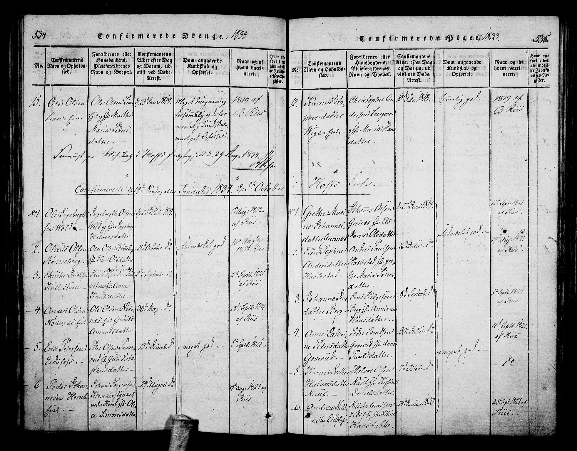 Hof kirkebøker, AV/SAKO-A-64/F/Fa/L0004: Parish register (official) no. I 4, 1814-1843, p. 534-535