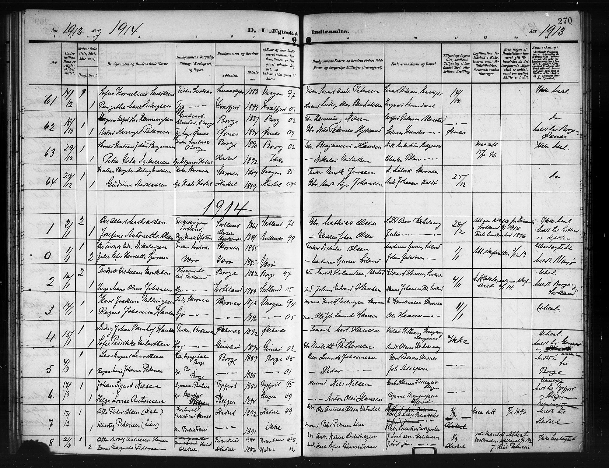 Ministerialprotokoller, klokkerbøker og fødselsregistre - Nordland, SAT/A-1459/874/L1079: Parish register (copy) no. 874C08, 1907-1915, p. 270