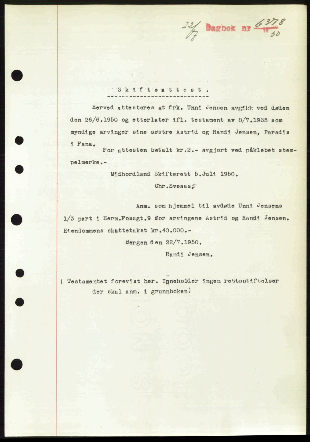 Byfogd og Byskriver i Bergen, AV/SAB-A-3401/03/03Bc/L0033: Mortgage book no. A26-27, 1950-1950, Diary no: : 6378/1950