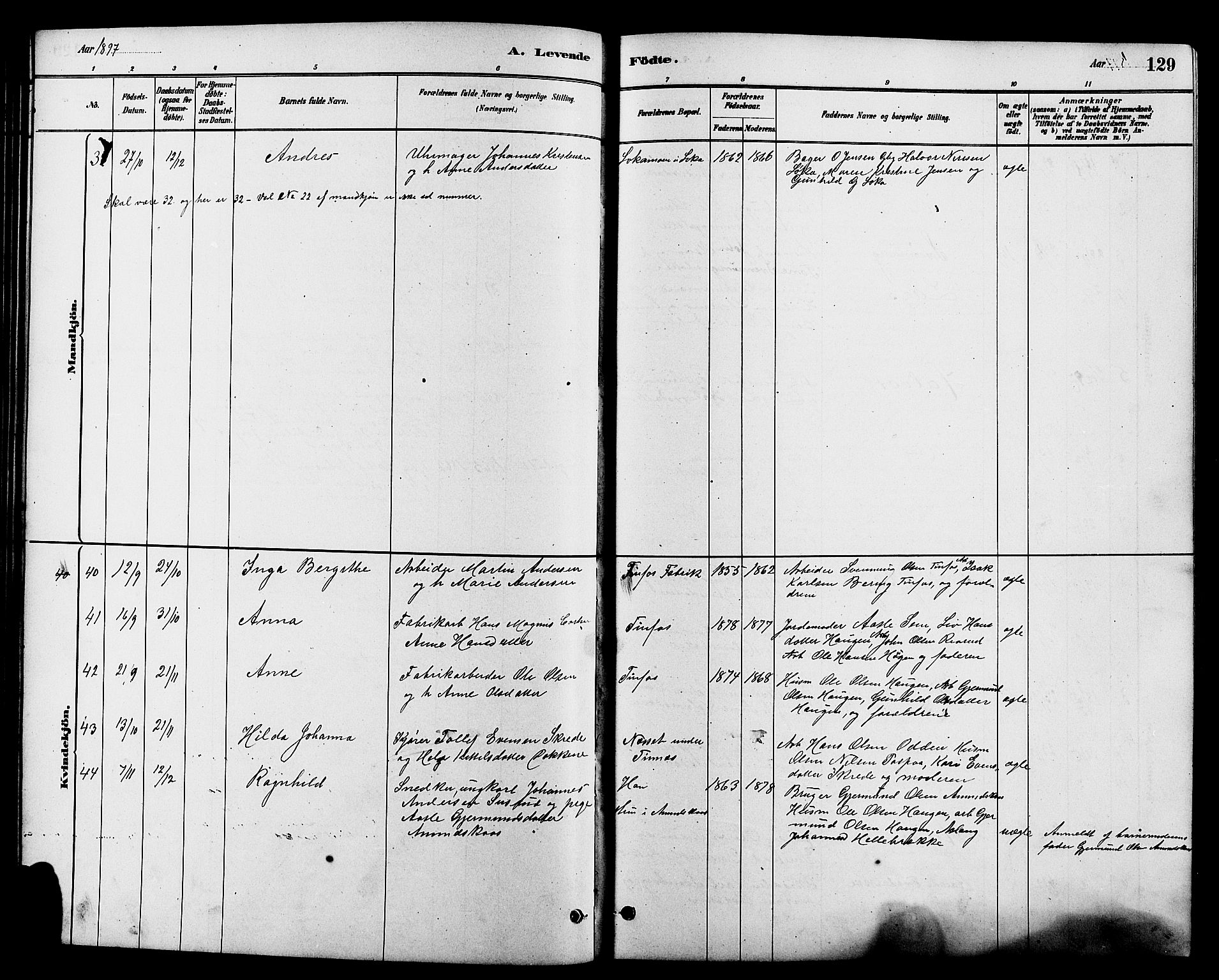Heddal kirkebøker, SAKO/A-268/G/Ga/L0002: Parish register (copy) no. I 2, 1879-1908, p. 129
