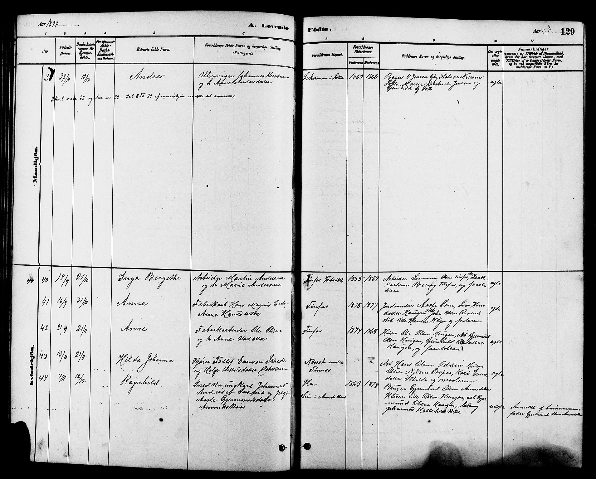 Heddal kirkebøker, AV/SAKO-A-268/G/Ga/L0002: Parish register (copy) no. I 2, 1879-1908, p. 129