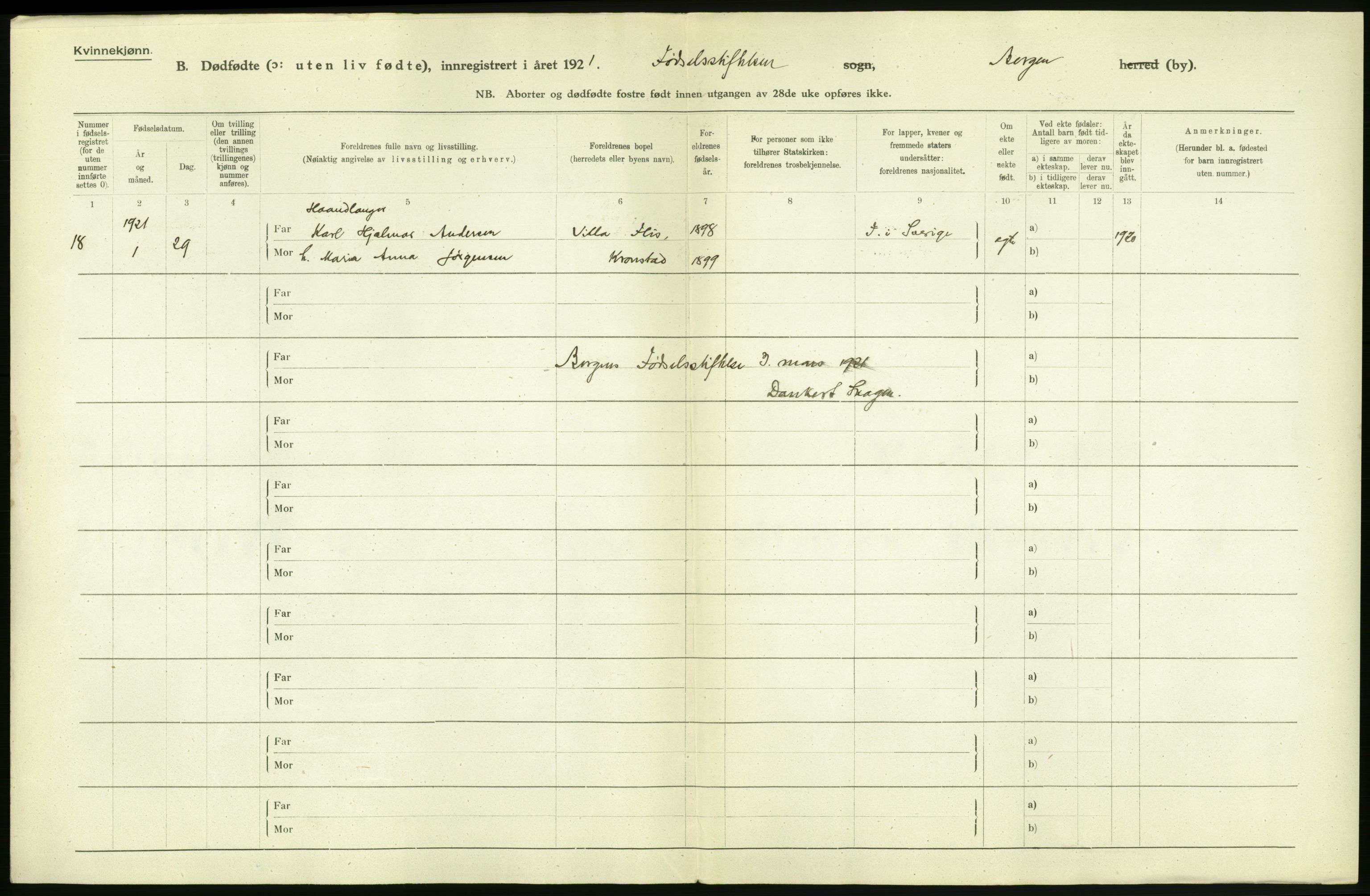 Statistisk sentralbyrå, Sosiodemografiske emner, Befolkning, AV/RA-S-2228/D/Df/Dfc/Dfca/L0035: Bergen: Gifte, dødfødte., 1921, p. 310