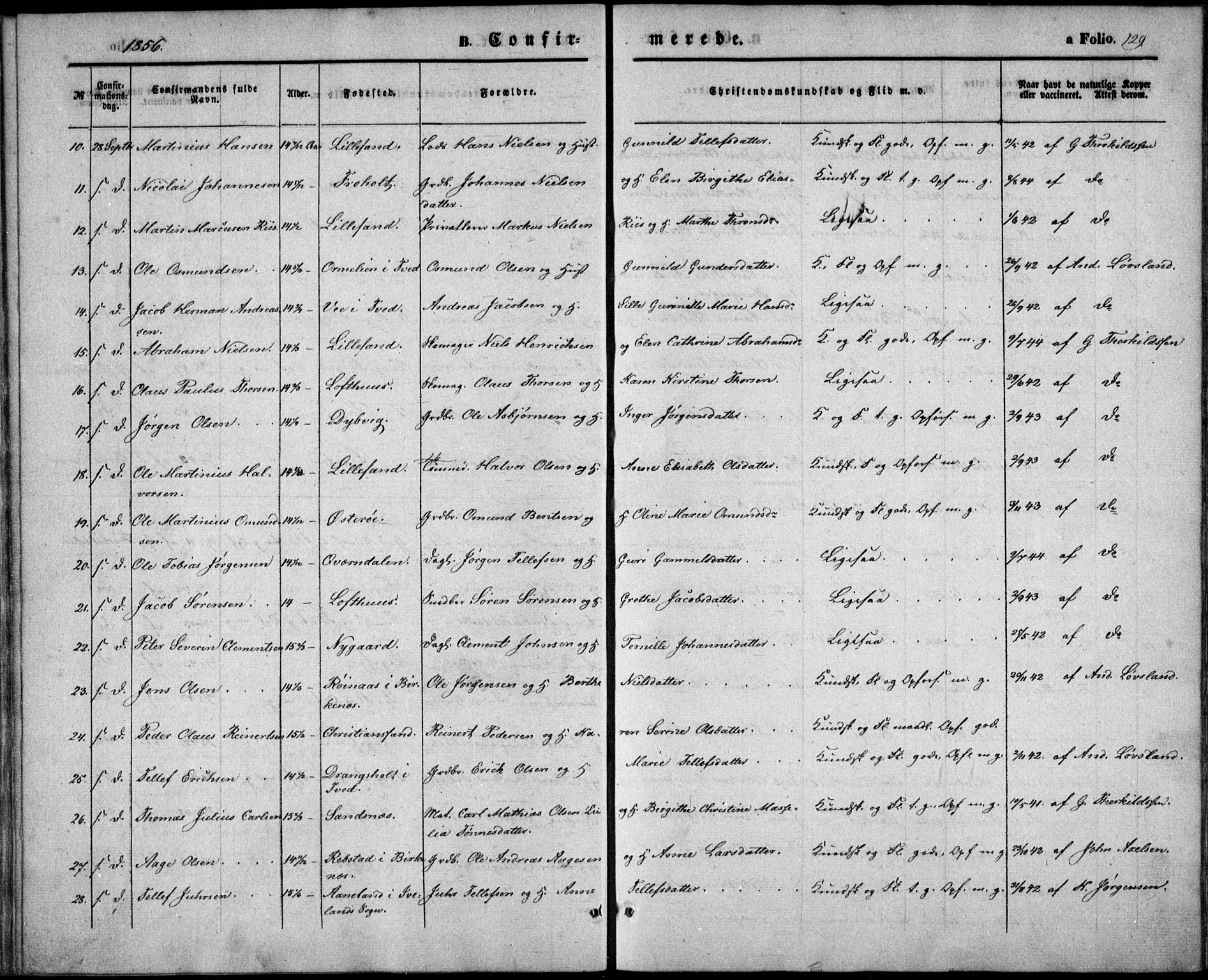 Vestre Moland sokneprestkontor, SAK/1111-0046/F/Fb/Fbb/L0003: Parish register (copy) no. B 3, 1851-1861, p. 129