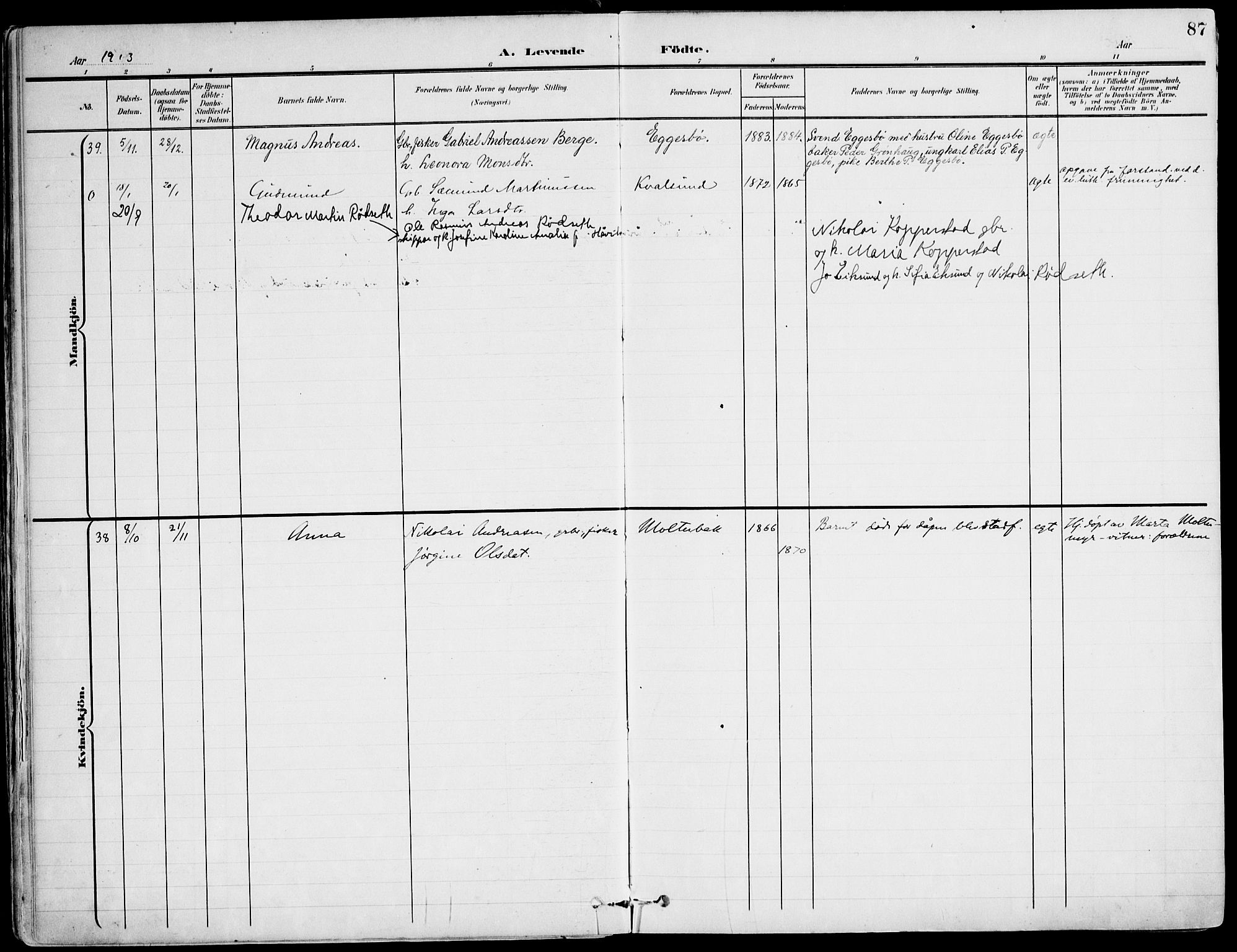 Ministerialprotokoller, klokkerbøker og fødselsregistre - Møre og Romsdal, AV/SAT-A-1454/507/L0075: Parish register (official) no. 507A10, 1901-1920, p. 87