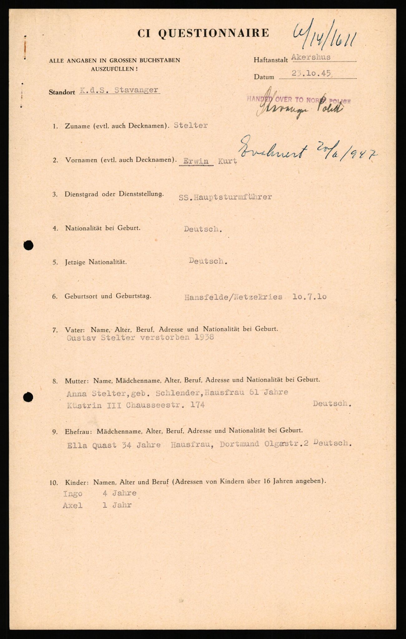 Forsvaret, Forsvarets overkommando II, AV/RA-RAFA-3915/D/Db/L0033: CI Questionaires. Tyske okkupasjonsstyrker i Norge. Tyskere., 1945-1946, p. 2