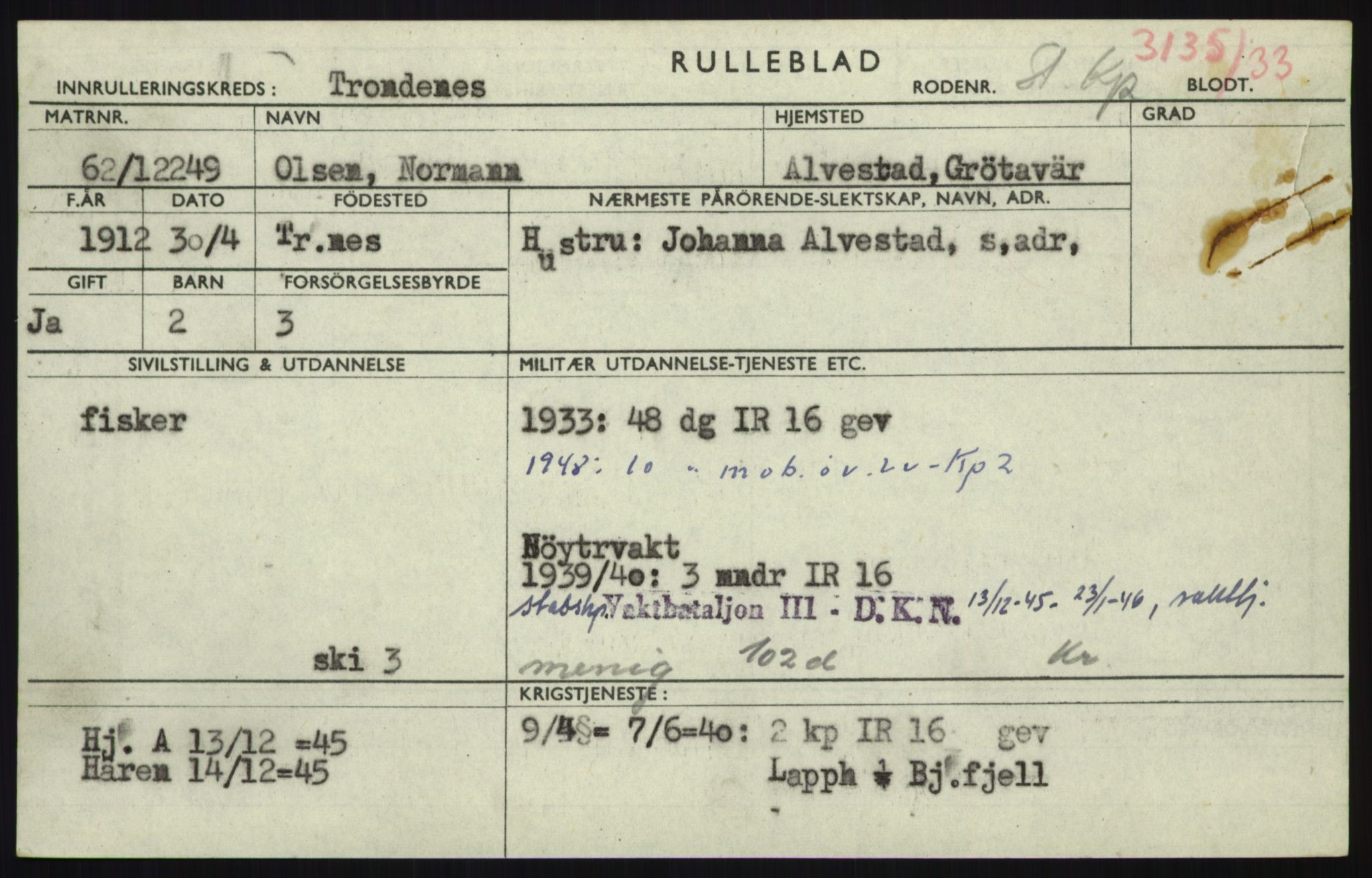 Forsvaret, Troms infanteriregiment nr. 16, AV/RA-RAFA-3146/P/Pa/L0017: Rulleblad for regimentets menige mannskaper, årsklasse 1933, 1933, p. 957