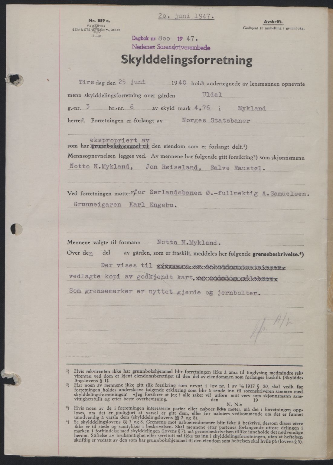 Nedenes sorenskriveri, SAK/1221-0006/G/Gb/Gba/L0057: Mortgage book no. A9, 1947-1947, Diary no: : 800/1947