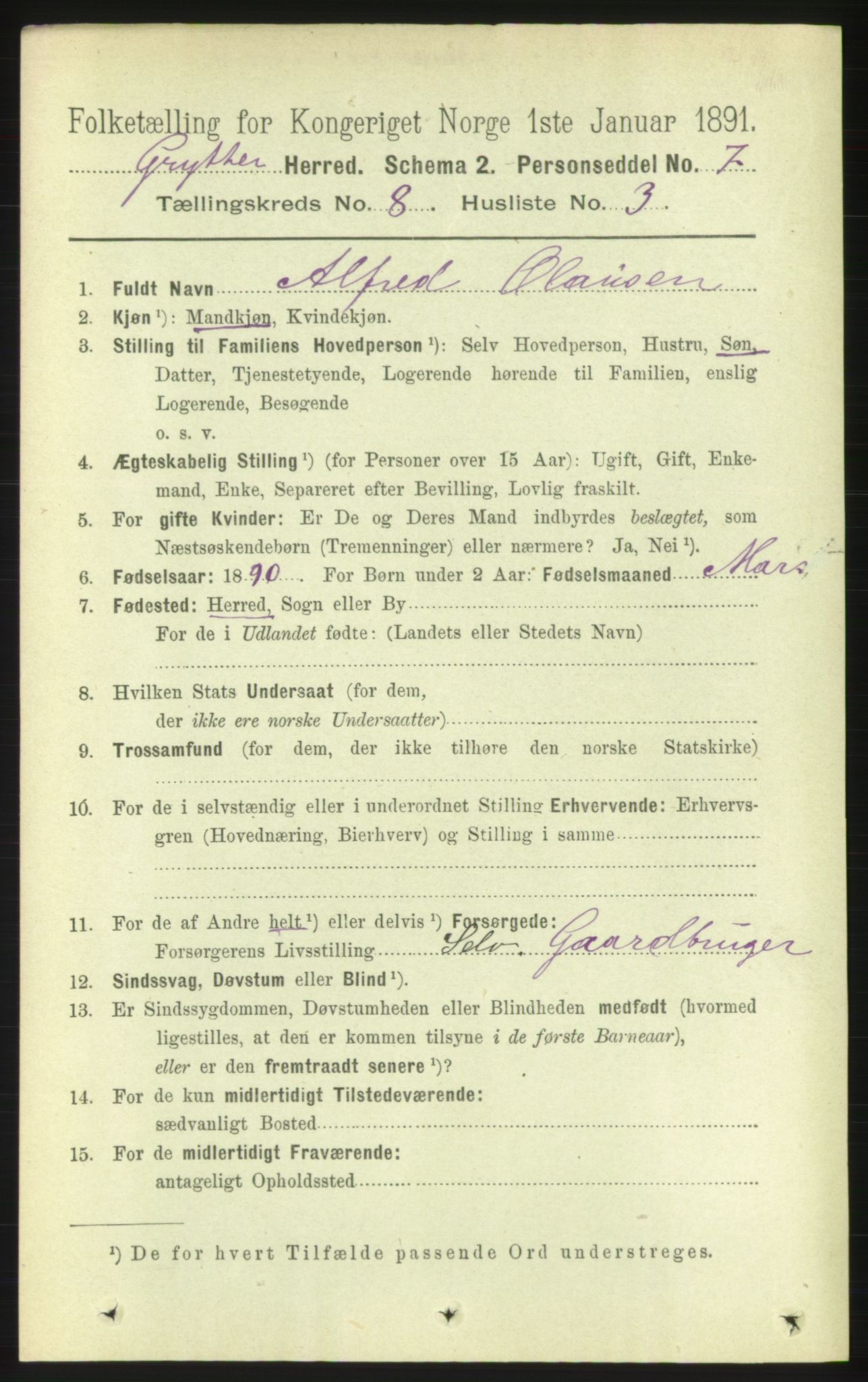 RA, 1891 census for 1539 Grytten, 1891, p. 3177