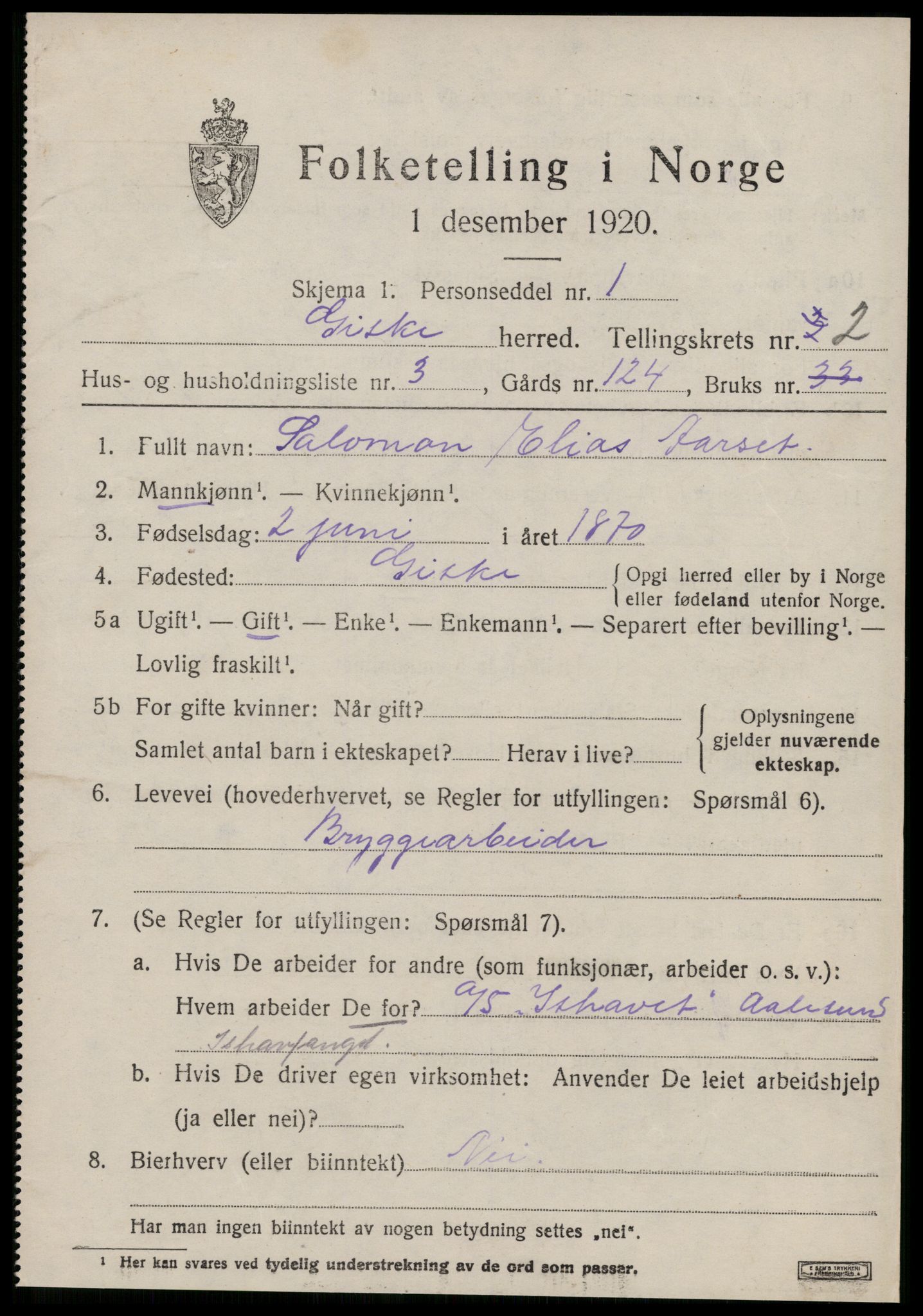 SAT, 1920 census for Giske, 1920, p. 900