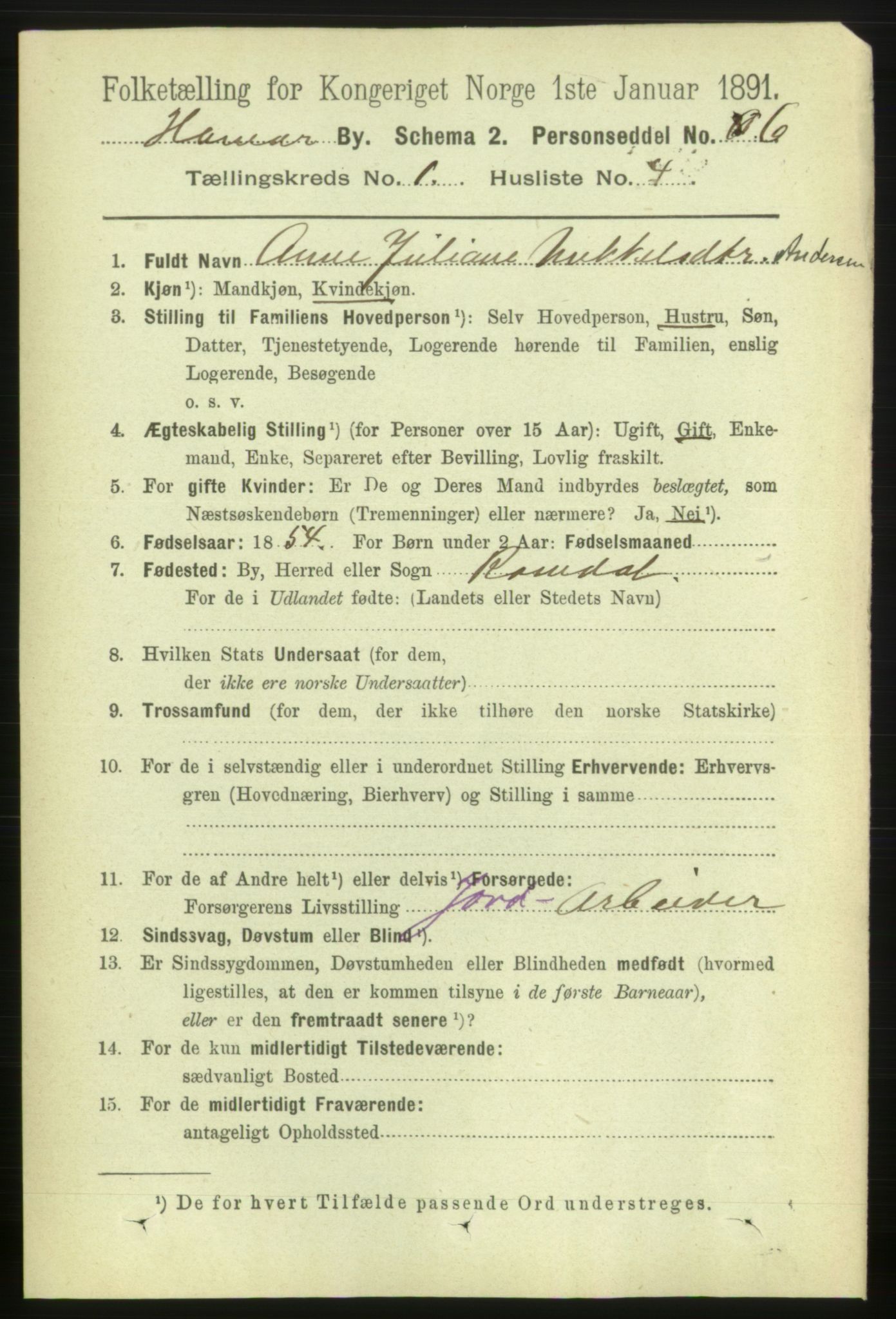 RA, 1891 census for 0401 Hamar, 1891, p. 64