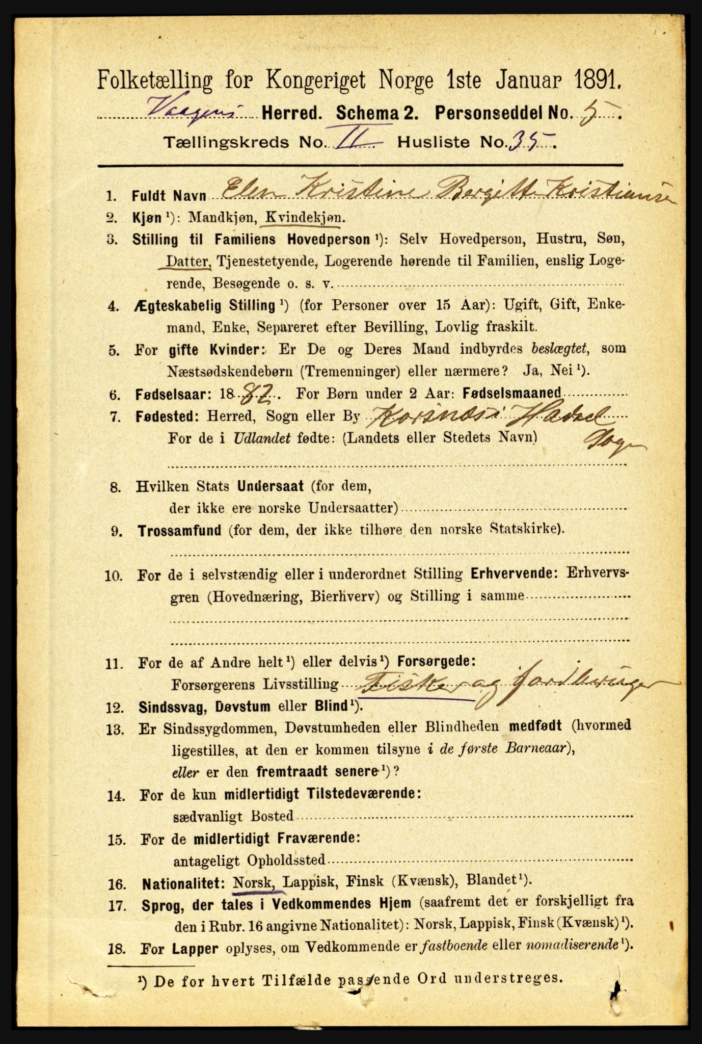 RA, 1891 census for 1865 Vågan, 1891, p. 658