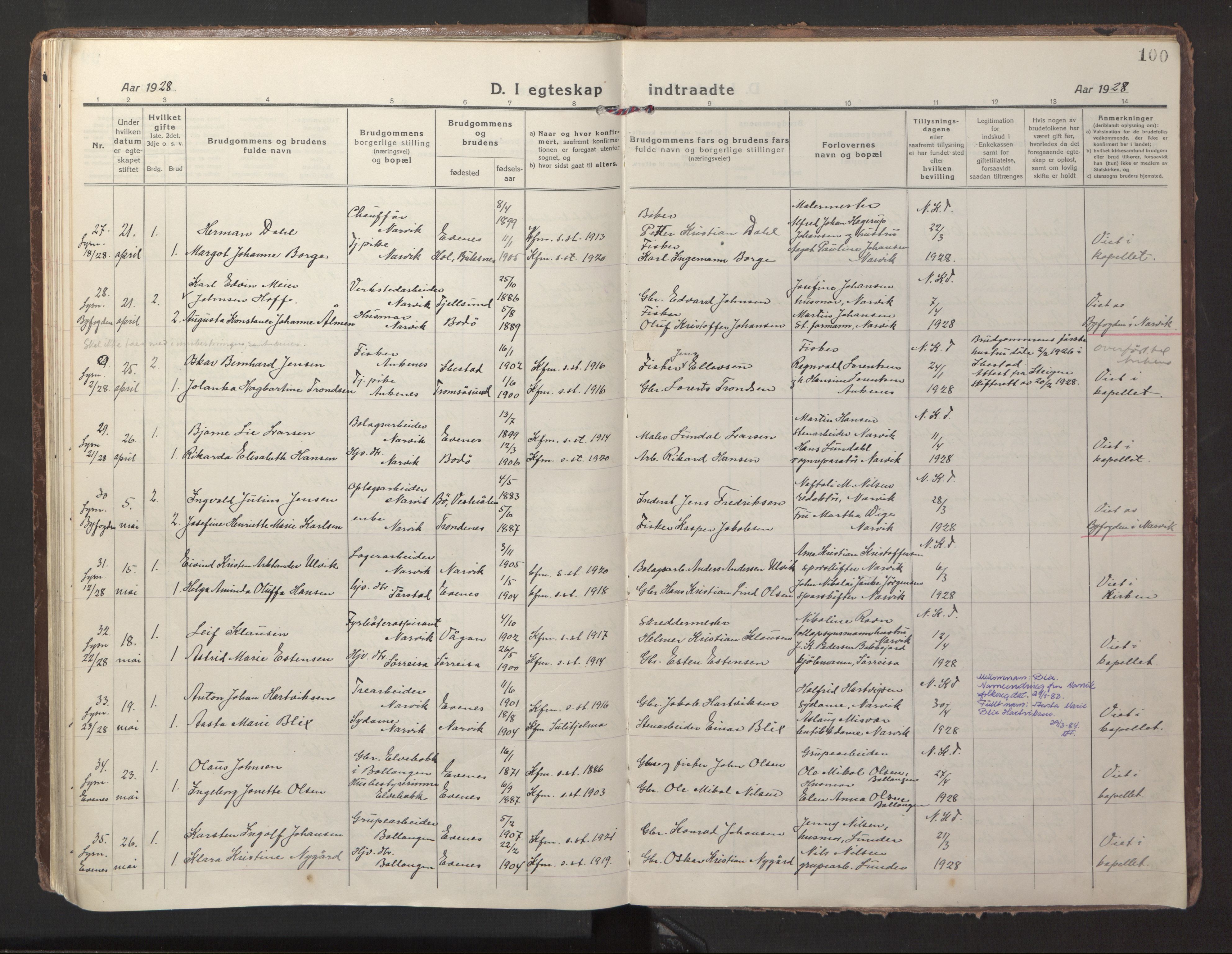 Ministerialprotokoller, klokkerbøker og fødselsregistre - Nordland, AV/SAT-A-1459/871/L1002: Parish register (official) no. 871A18, 1917-1926, p. 100