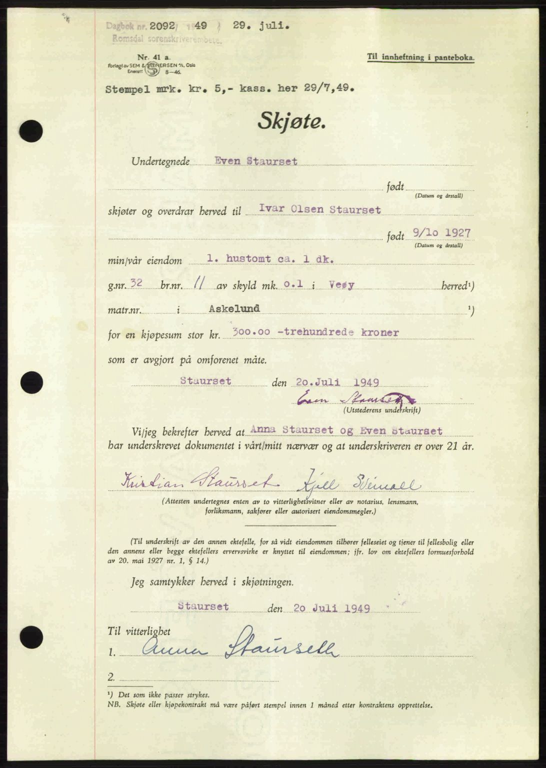 Romsdal sorenskriveri, AV/SAT-A-4149/1/2/2C: Mortgage book no. A30, 1949-1949, Diary no: : 2092/1949