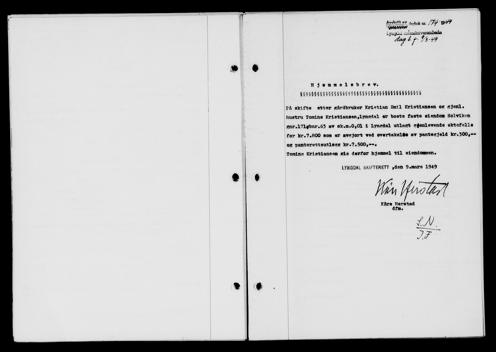 Lyngdal sorenskriveri, AV/SAK-1221-0004/G/Gb/L0663: Mortgage book no. A IX, 1948-1949, Diary no: : 174/1949