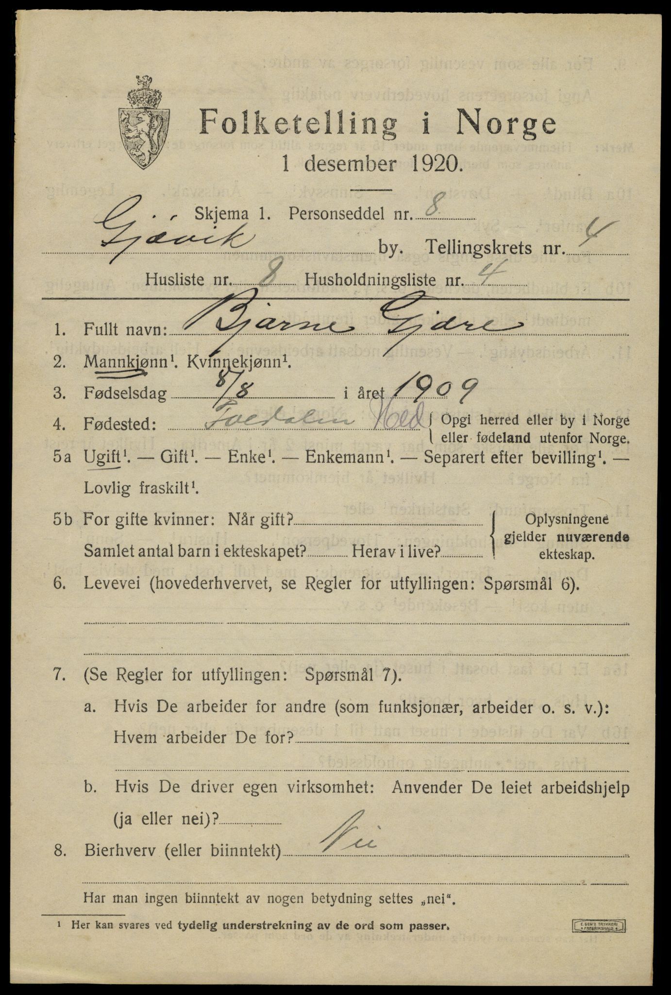 SAH, 1920 census for Gjøvik, 1920, p. 8240