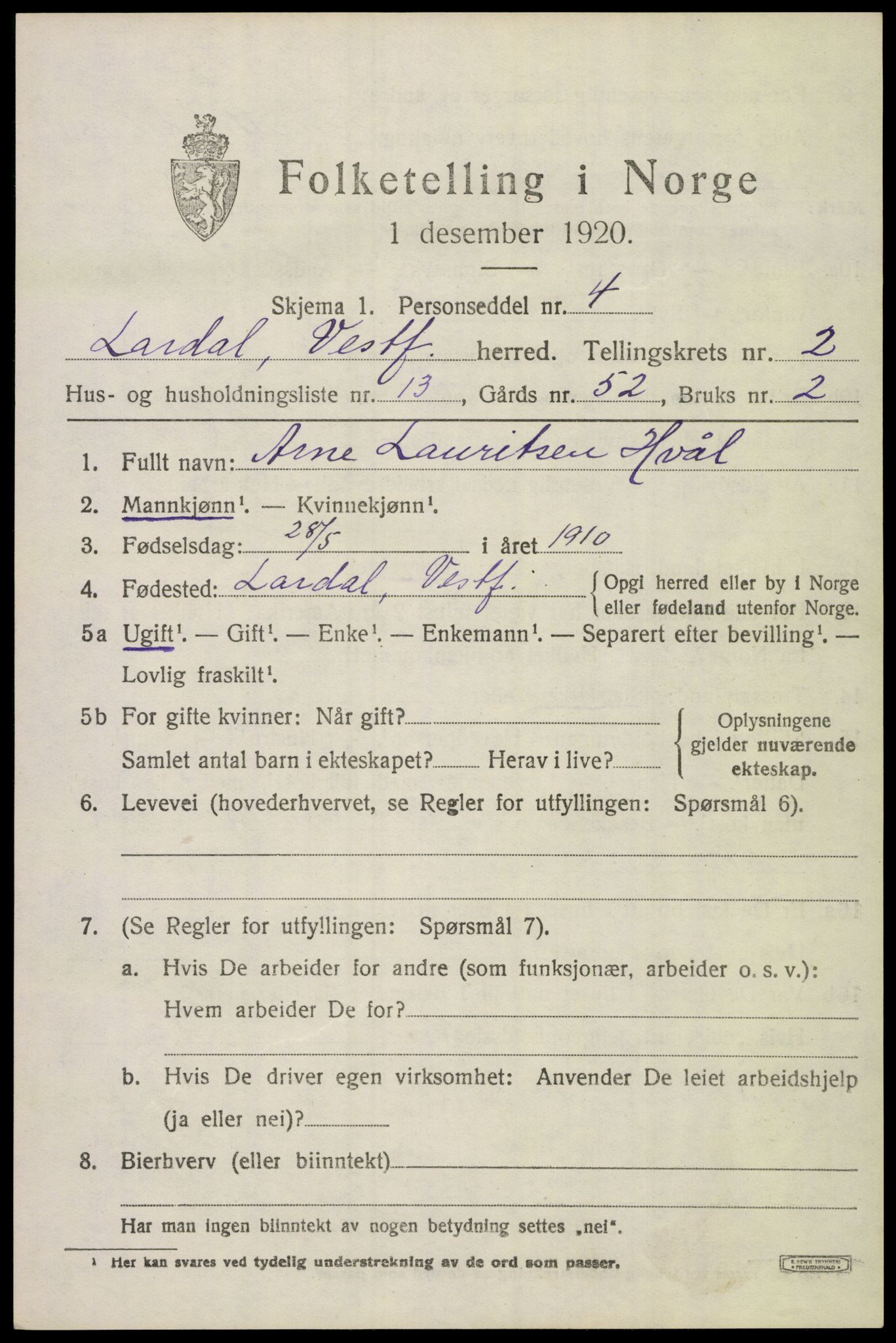SAKO, 1920 census for Lardal, 1920, p. 2127