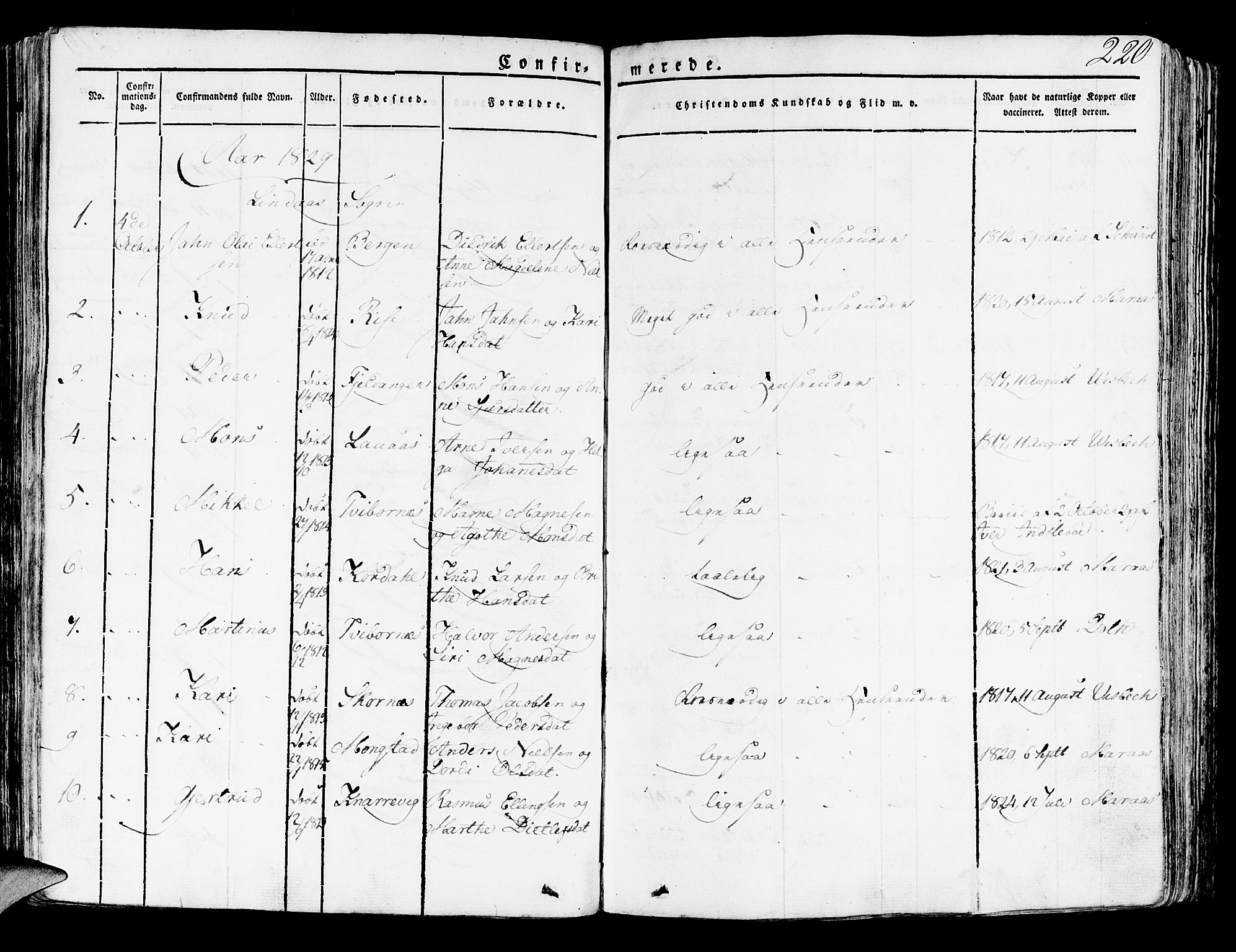 Lindås Sokneprestembete, SAB/A-76701/H/Haa: Parish register (official) no. A 8, 1823-1836, p. 220