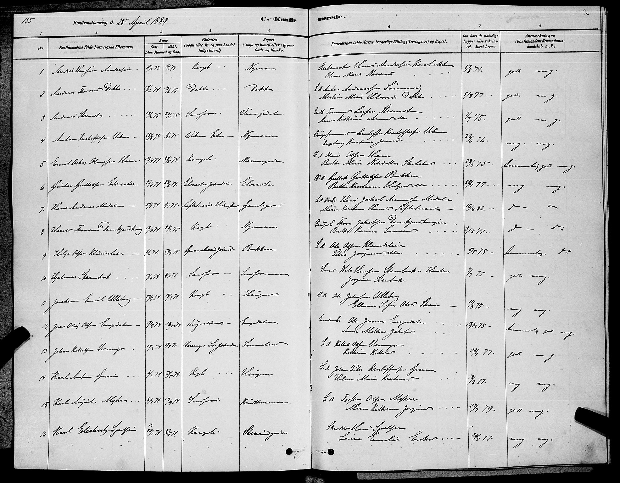 Kongsberg kirkebøker, SAKO/A-22/G/Ga/L0005: Parish register (copy) no. 5, 1878-1889, p. 155