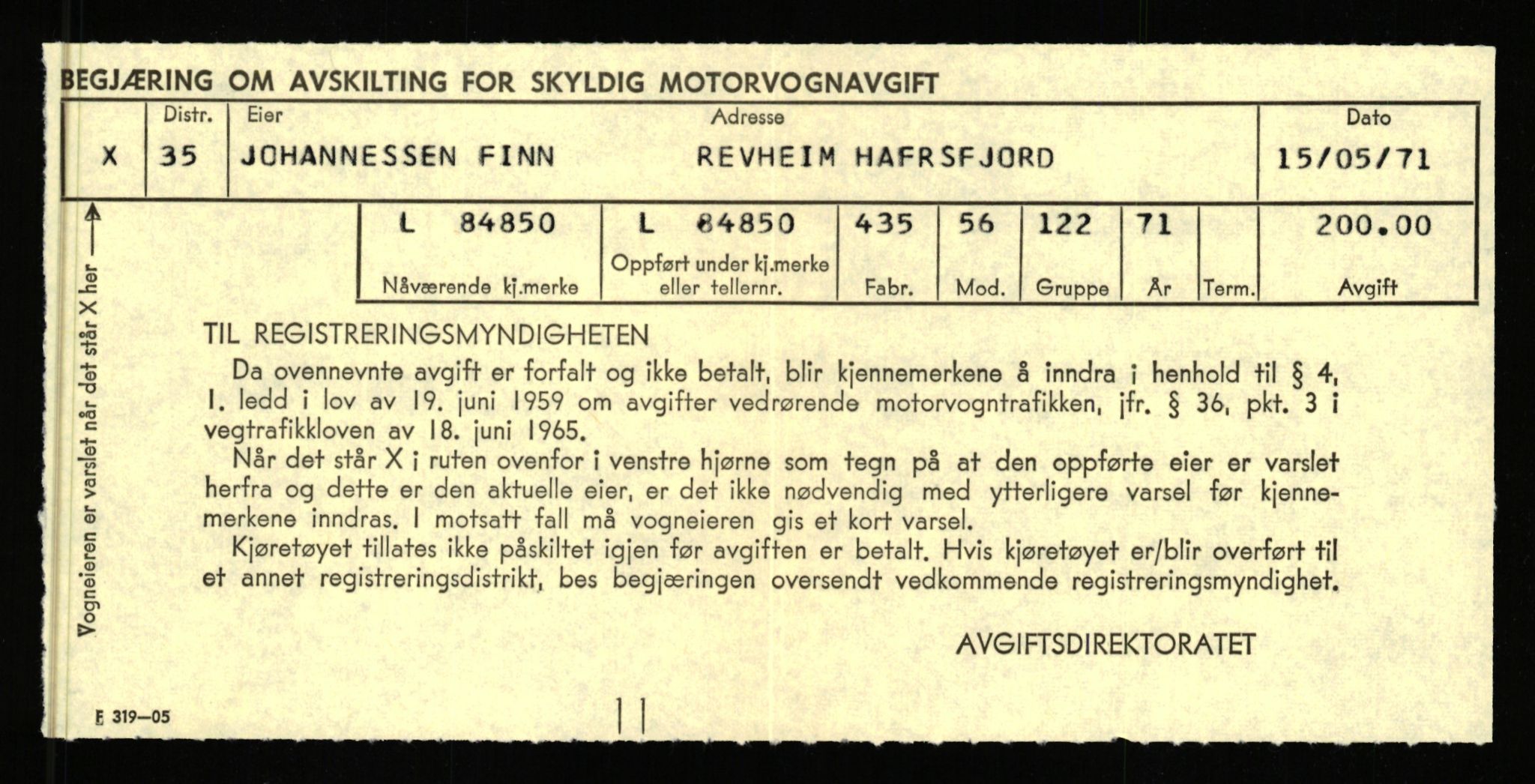 Stavanger trafikkstasjon, SAST/A-101942/0/F/L0073: L-84100 - L-86499, 1930-1971, p. 765