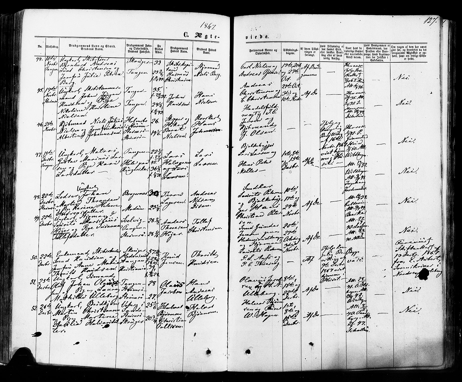 Strømsø kirkebøker, AV/SAKO-A-246/F/Fa/L0018: Parish register (official) no. I 18, 1865-1878, p. 127