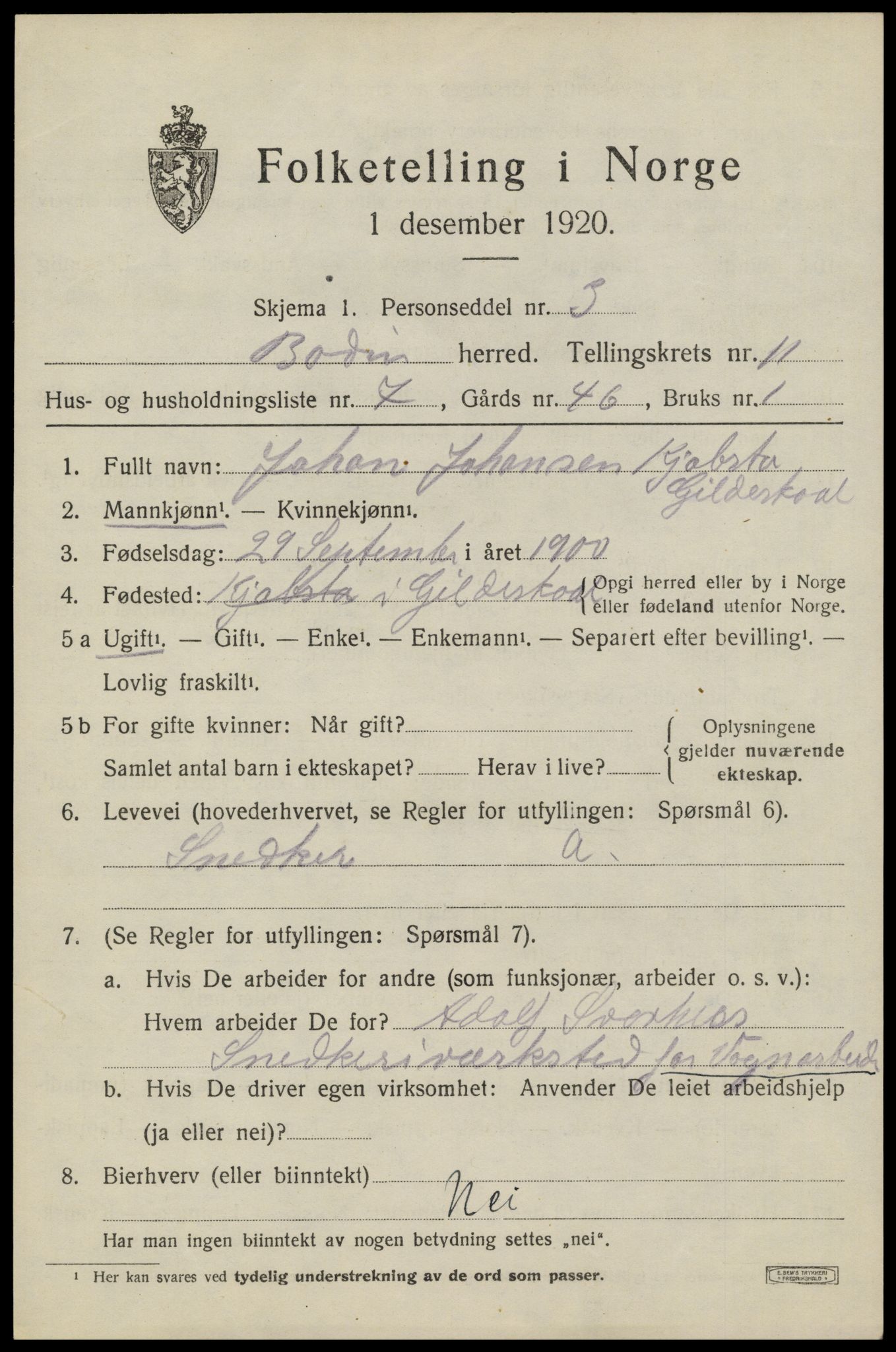 SAT, 1920 census for Bodin, 1920, p. 8428