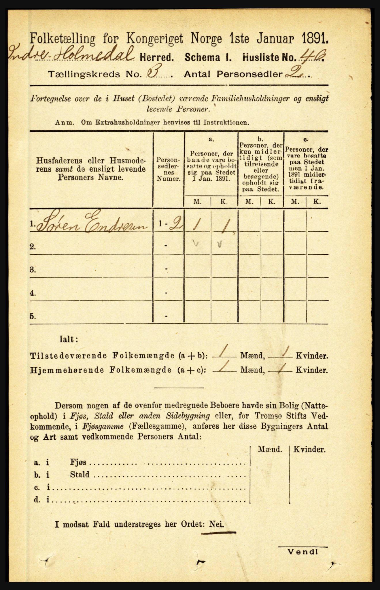 RA, 1891 census for 1430 Indre Holmedal, 1891, p. 883