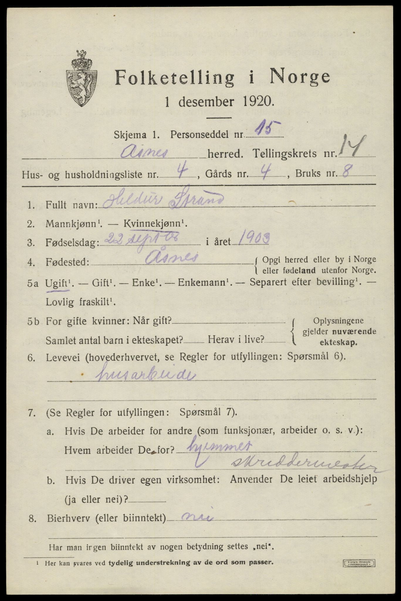 SAH, 1920 census for Åsnes, 1920, p. 13412