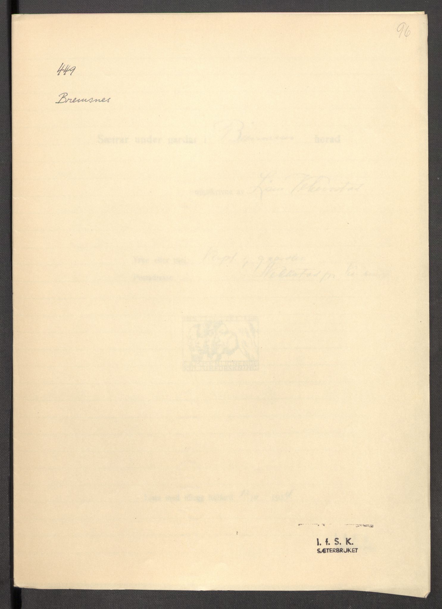 Instituttet for sammenlignende kulturforskning, RA/PA-0424/F/Fc/L0013/0001: Eske B13: / Møre og Romsdal (perm XXXV), 1933-1938, p. 96