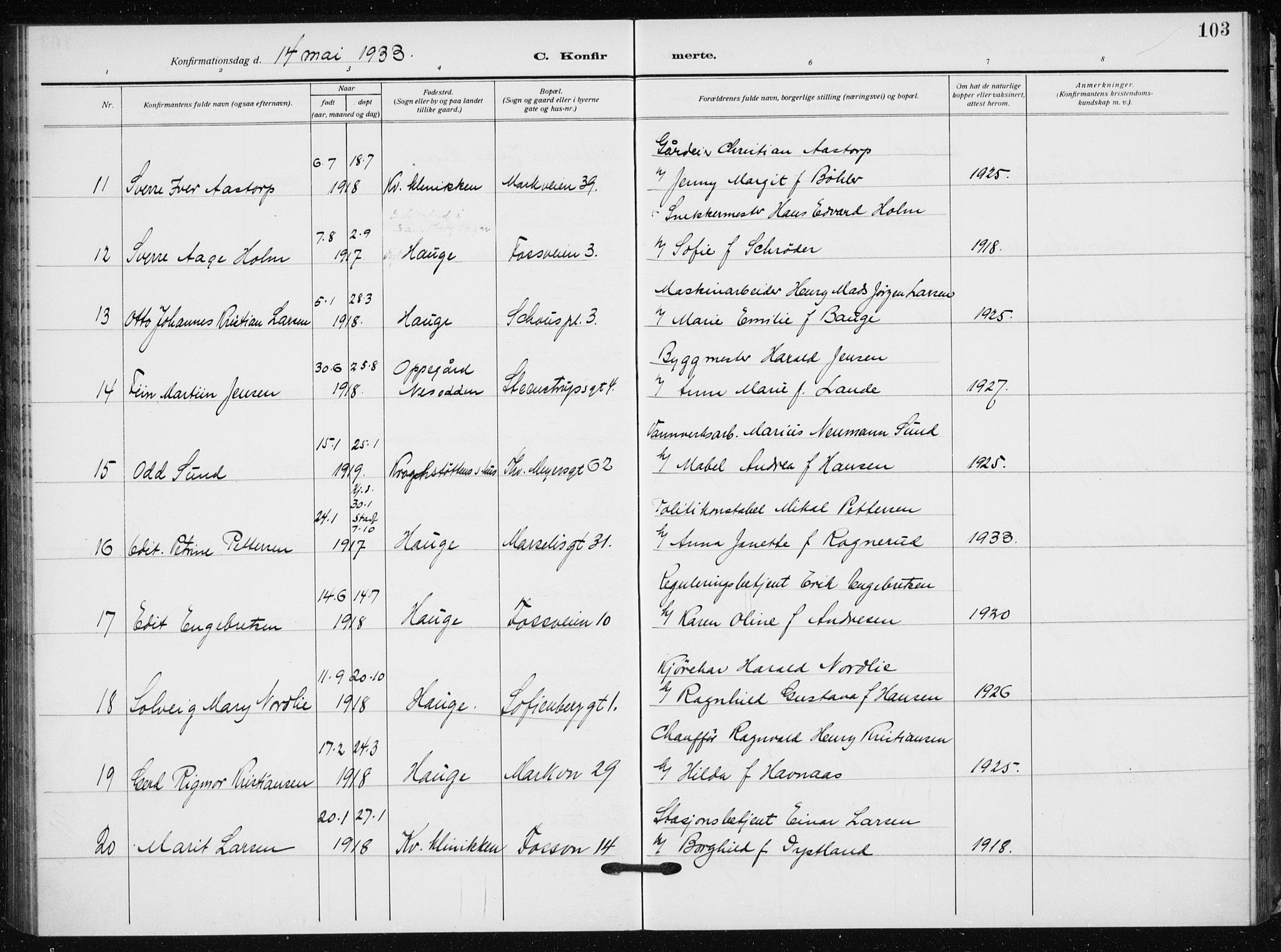 Hauge prestekontor Kirkebøker, AV/SAO-A-10849/F/Fa/L0002: Parish register (official) no. 2, 1917-1938, p. 103