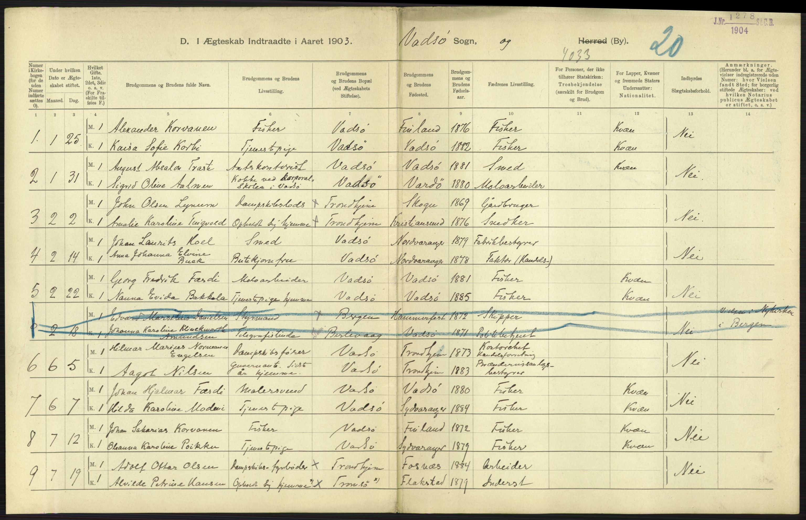 Statistisk sentralbyrå, Sosiodemografiske emner, Befolkning, AV/RA-S-2228/D/Df/Dfa/Dfaa/L0022: Finnmarkens amt: Fødte, gifte, døde., 1903, p. 199