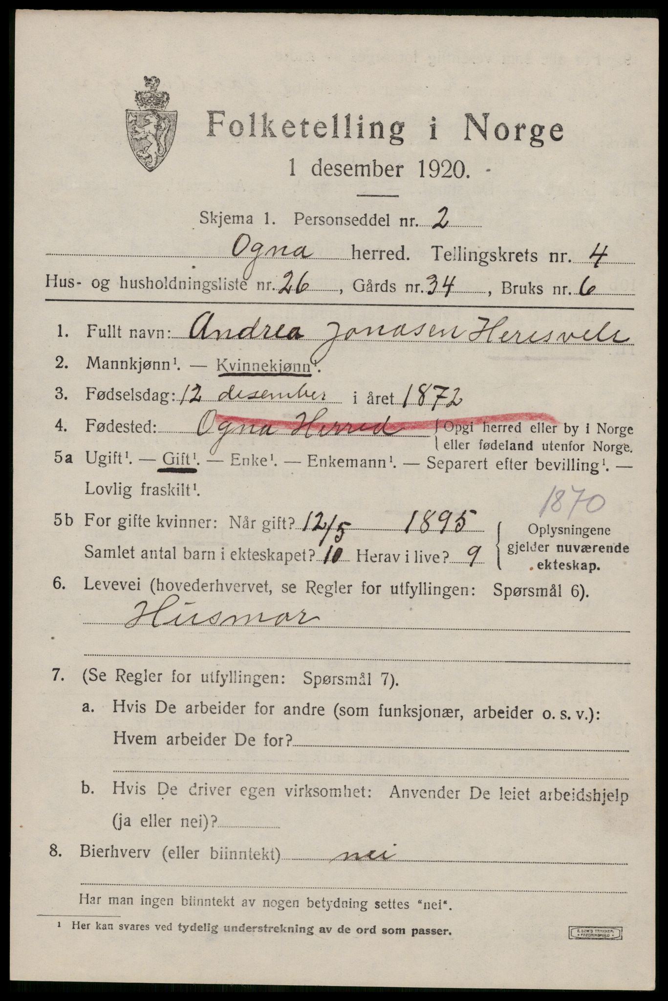 SAST, 1920 census for Ogna, 1920, p. 2749