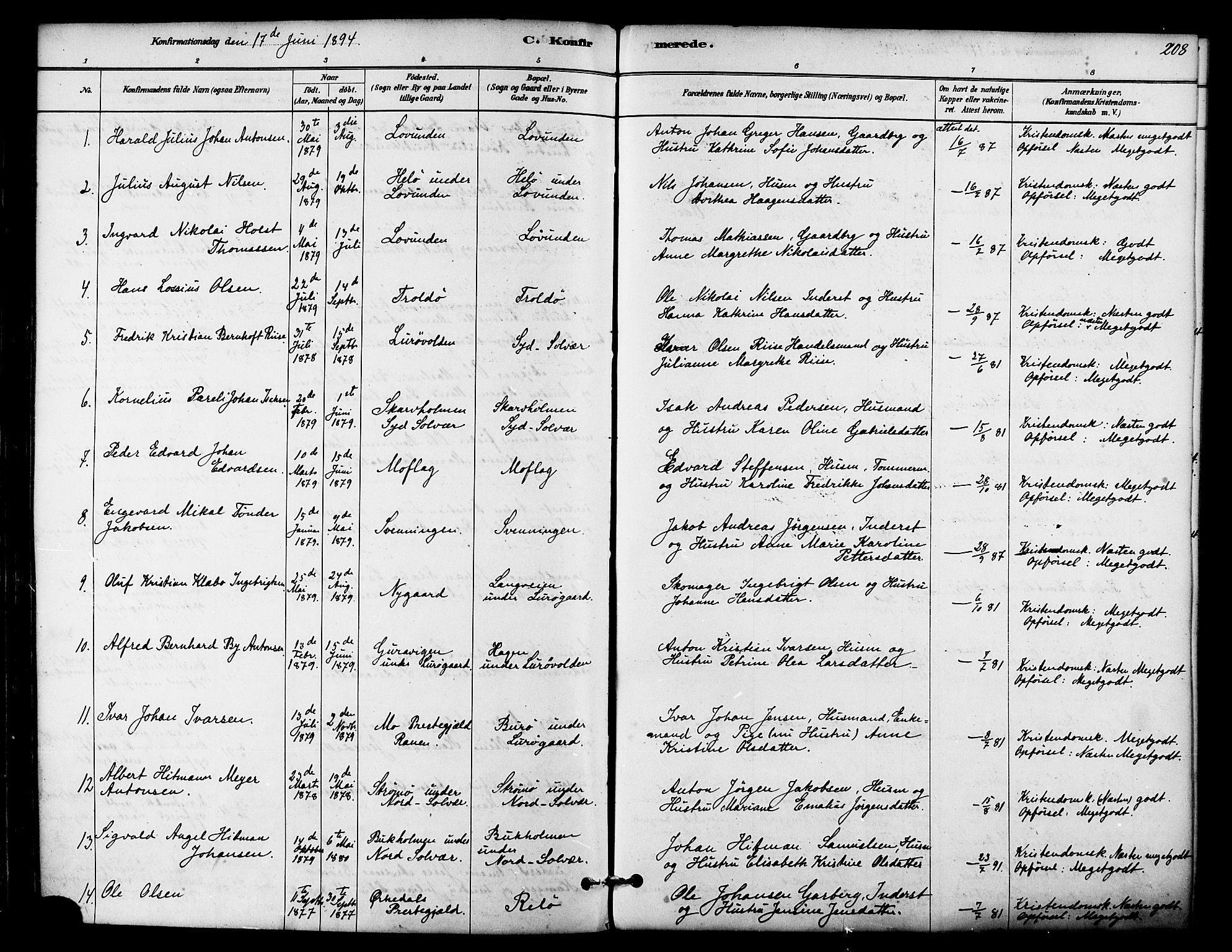 Ministerialprotokoller, klokkerbøker og fødselsregistre - Nordland, SAT/A-1459/839/L0568: Parish register (official) no. 839A05, 1880-1902, p. 208