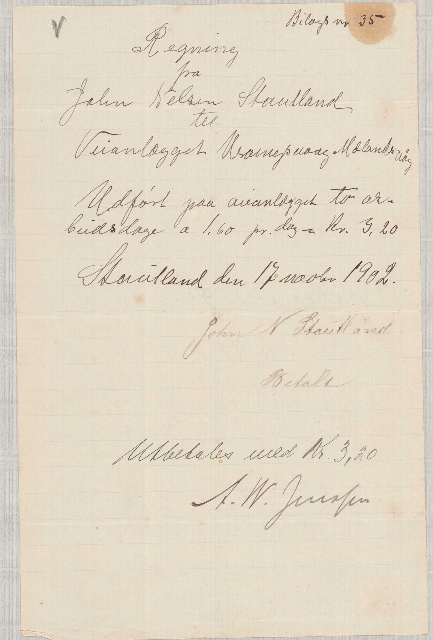 Finnaas kommune. Formannskapet, IKAH/1218a-021/E/Ea/L0002/0002: Rekneskap for veganlegg / Rekneskap for veganlegget Urangsvåg - Mælandsvåg, 1901-1903, p. 100